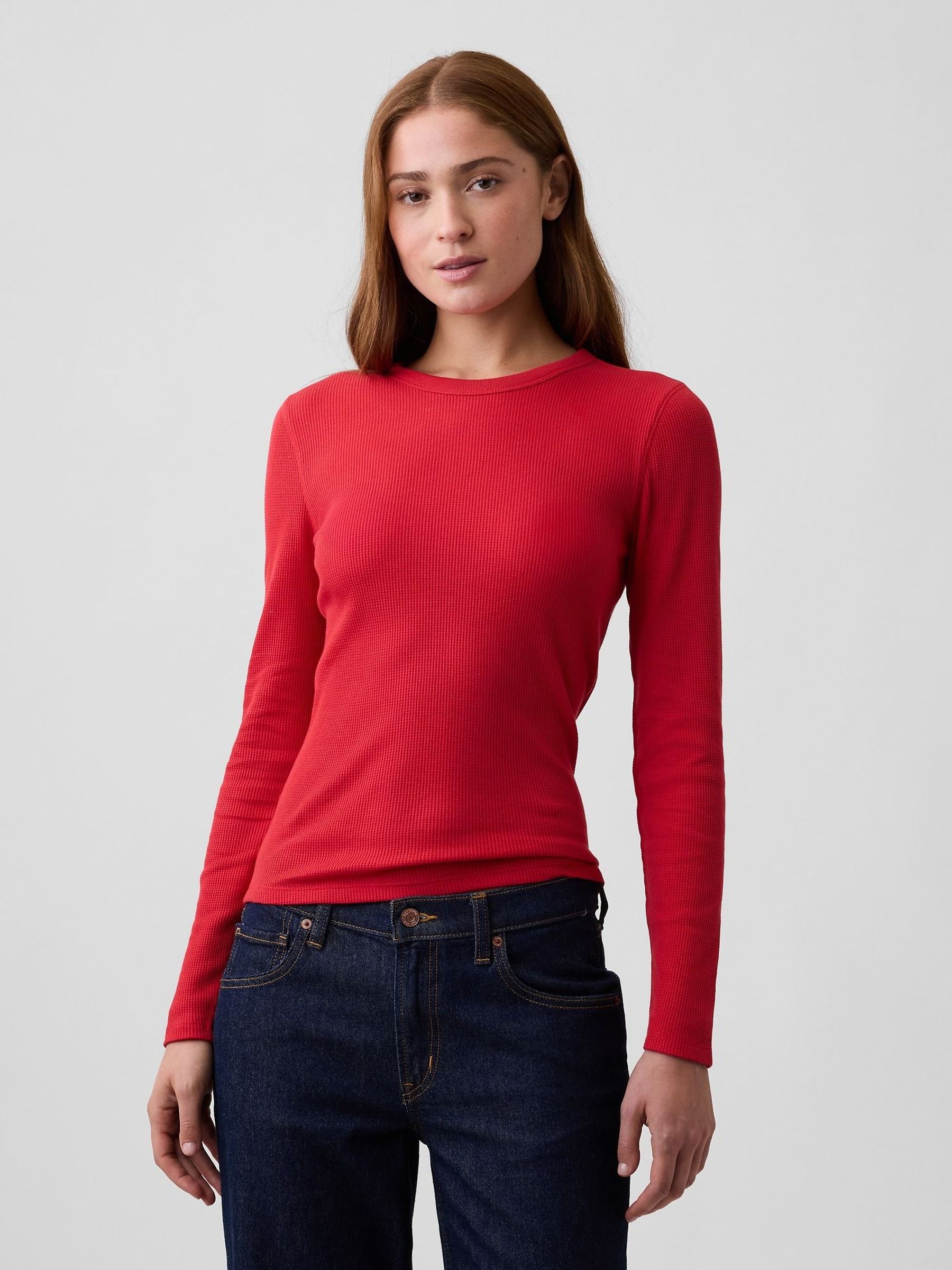 Red - Waffle Knit Long Sleeve T-shirt