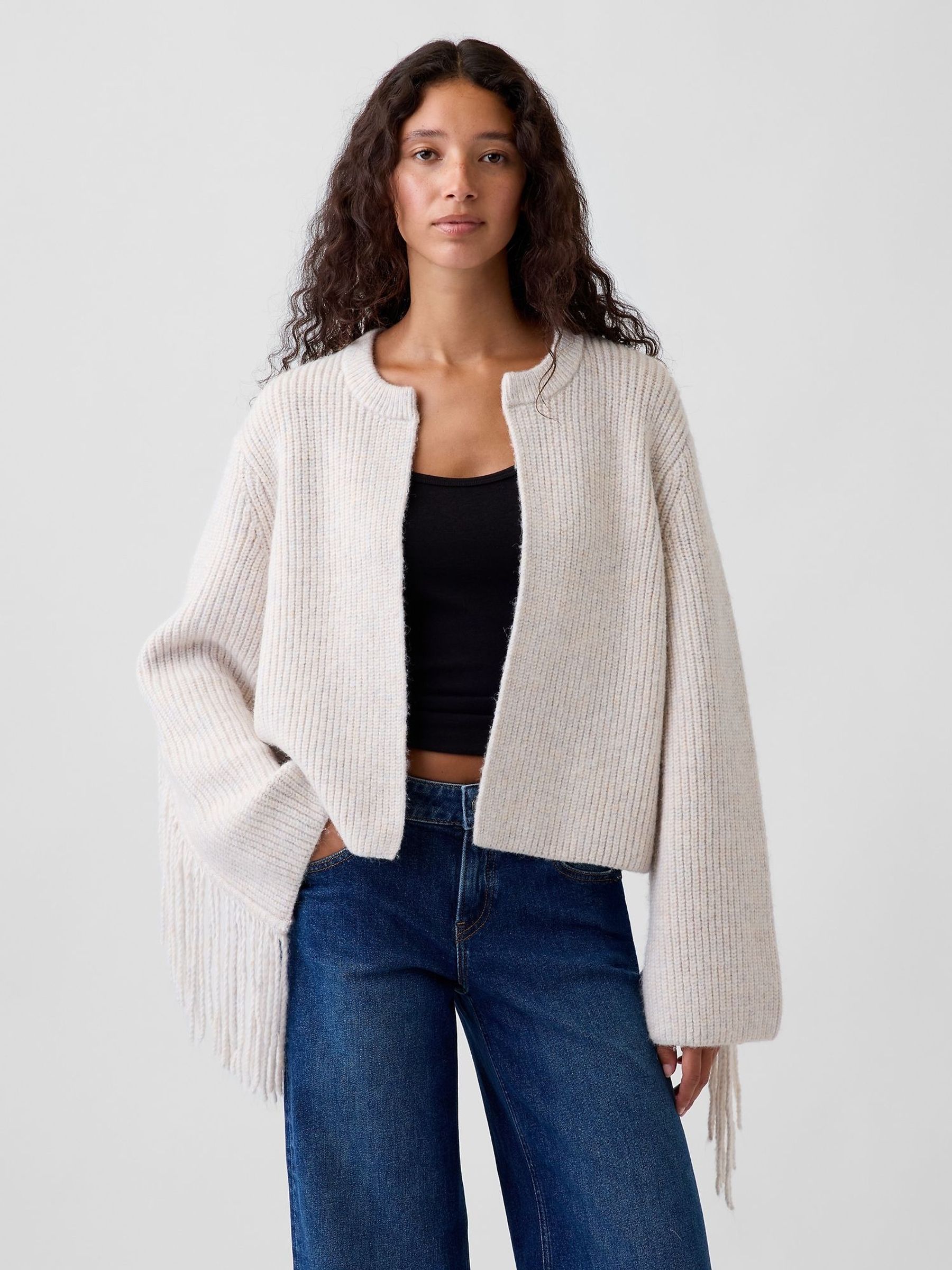Beige - Relaxed Fringe Cardigan