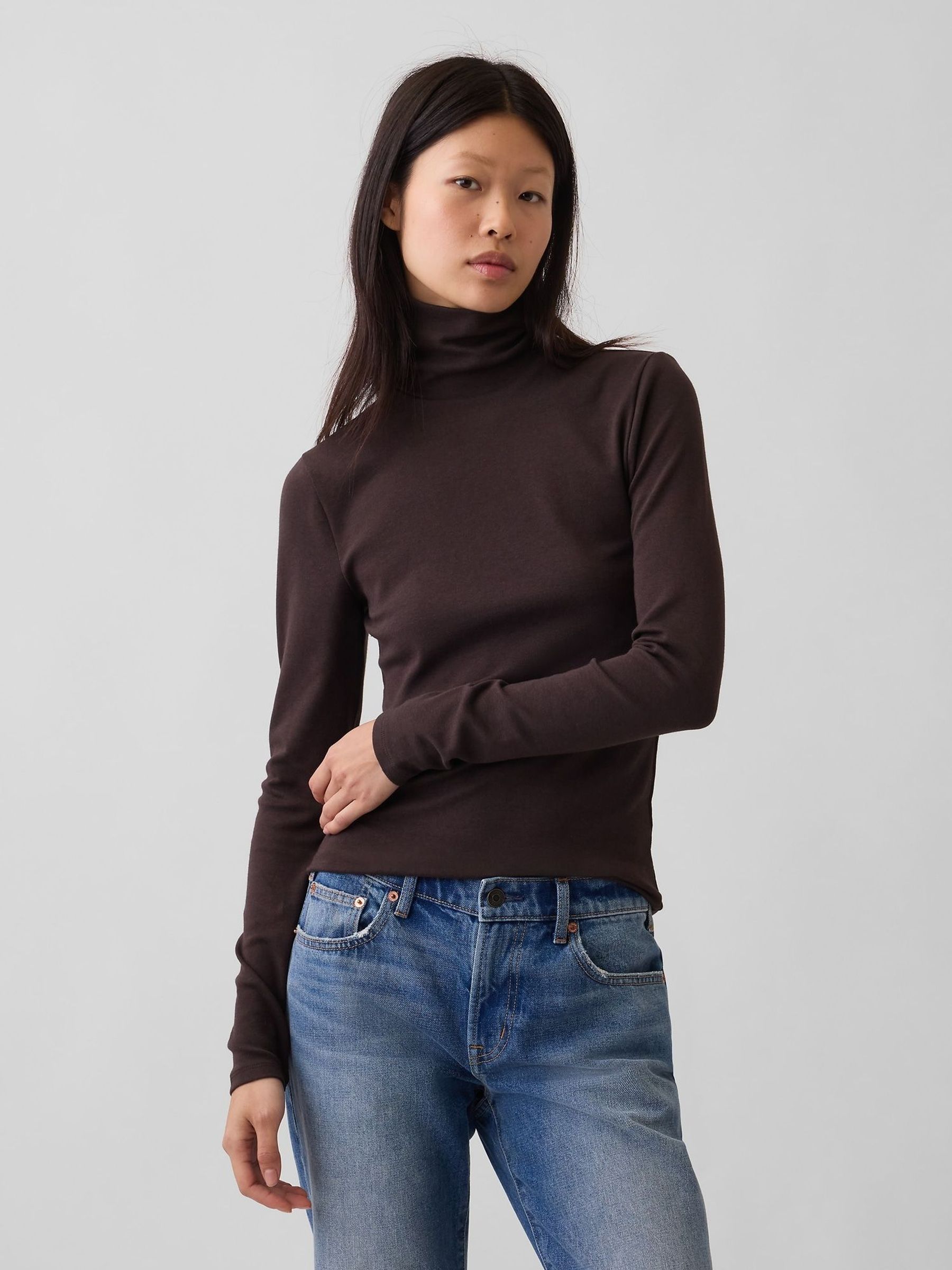 Brown - Modern Turtle Neck Long Sleeve T-shirt