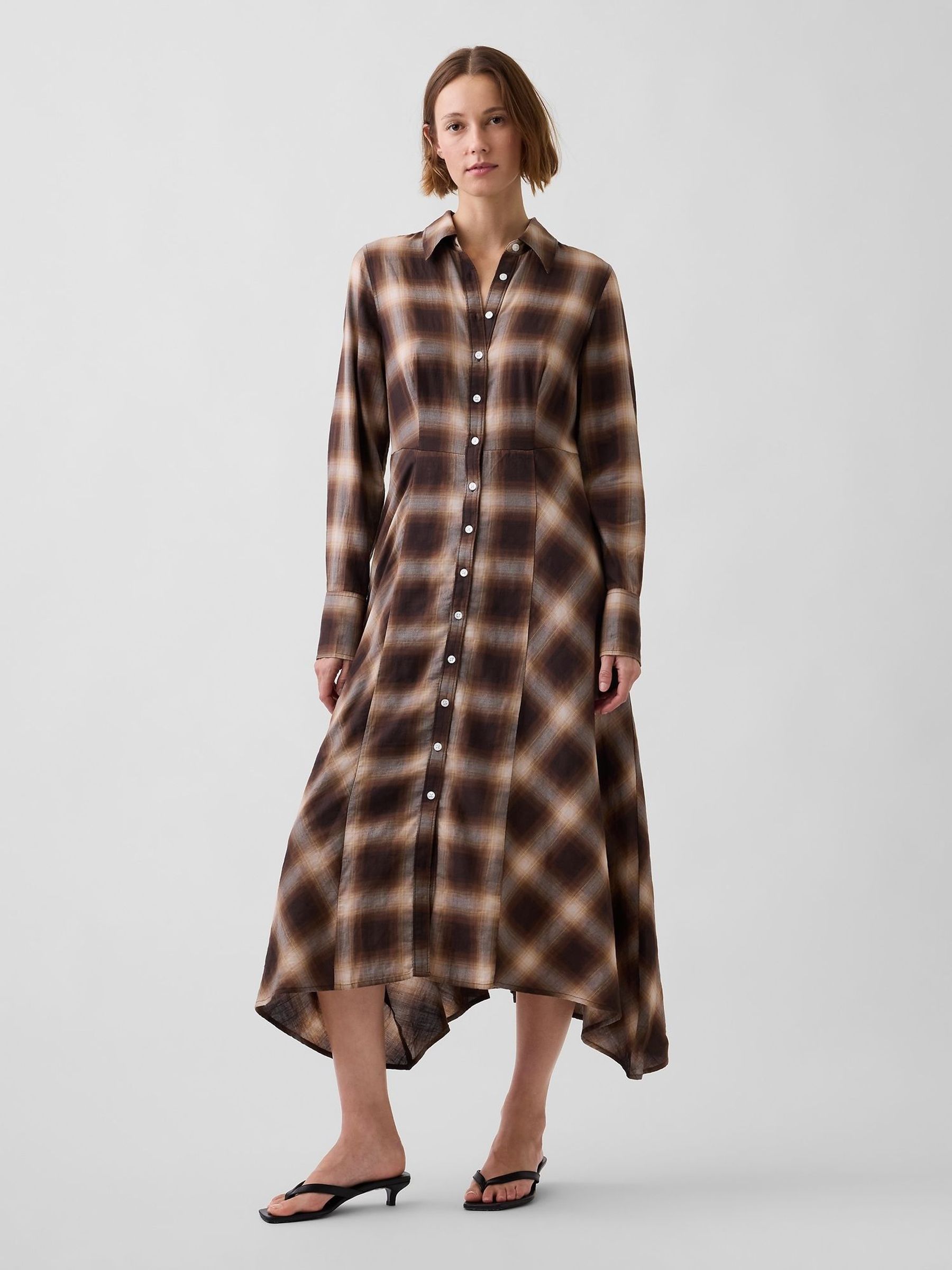 Brown - Check Maxi Shirt Dress