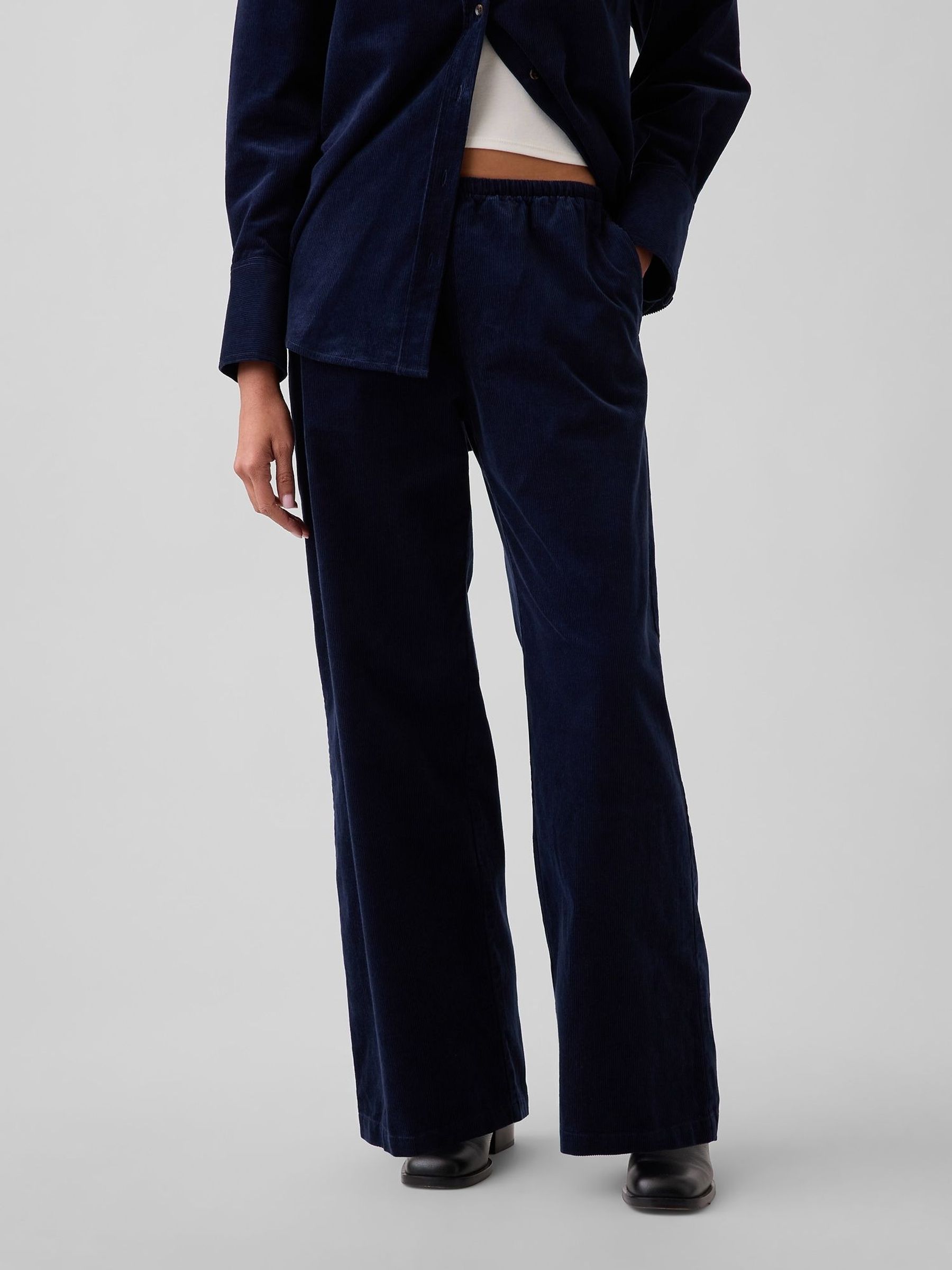 Navy - Corduroy Easy Wide-leg Trousers