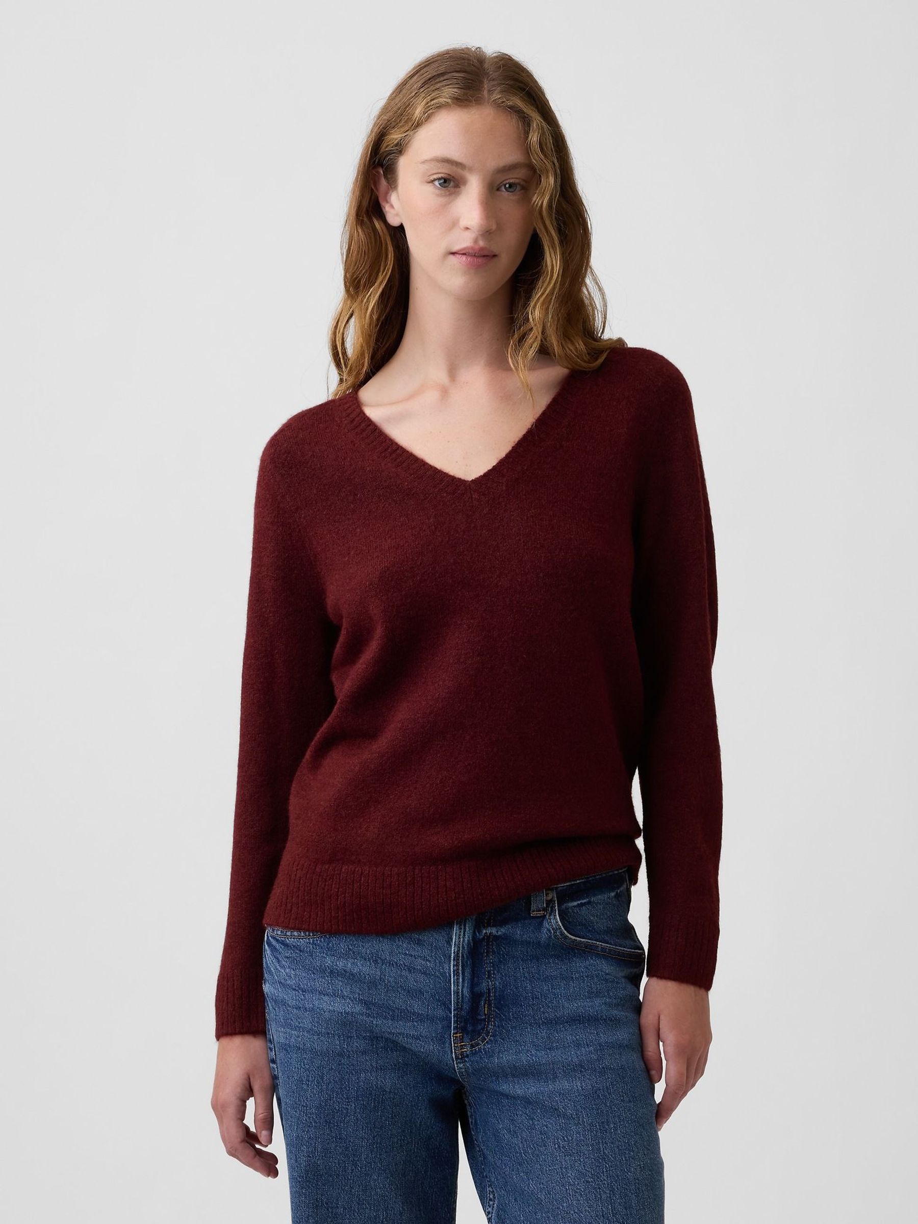 Burgundy Red - Relaxed Lightweight V-neck Jumper