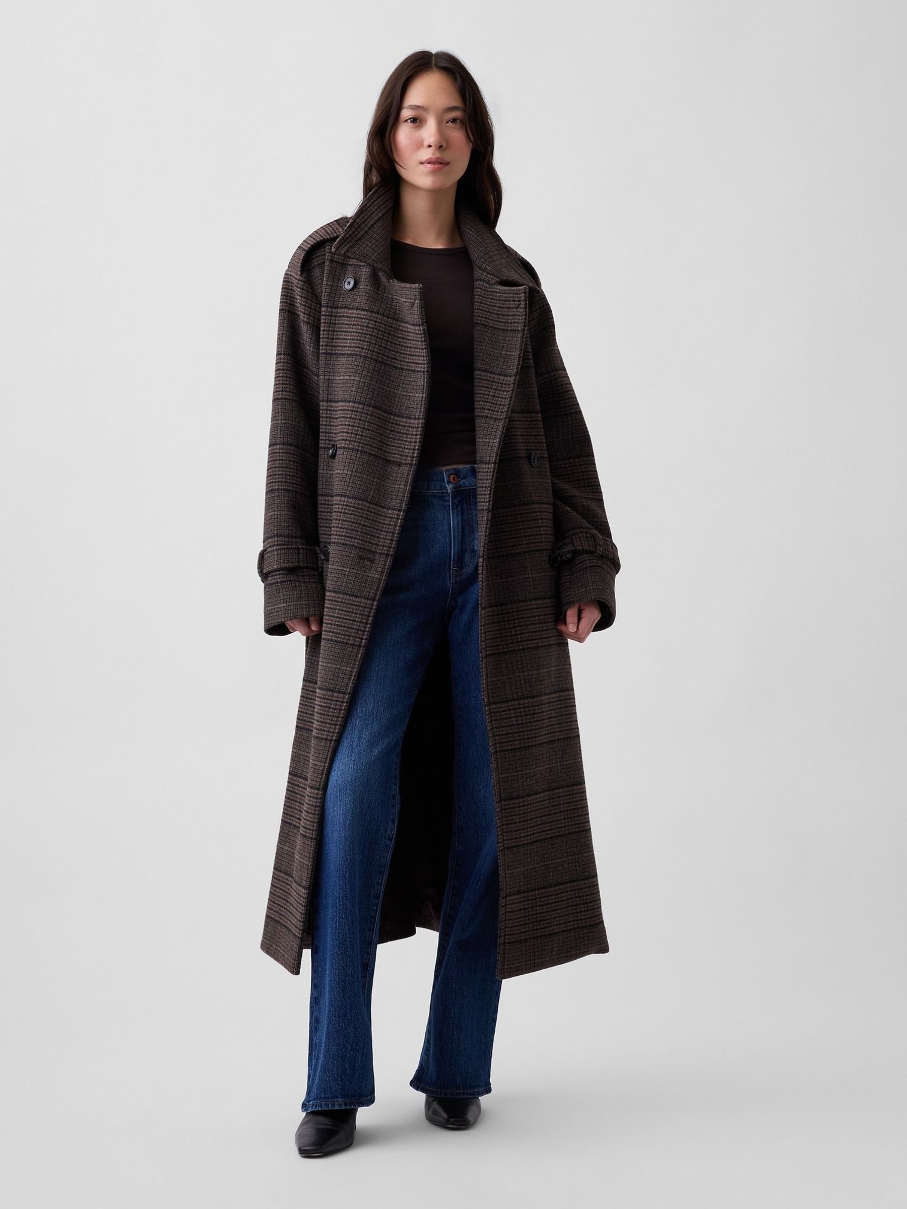 Brown Check - Wool-blend Plaid Trench Coat