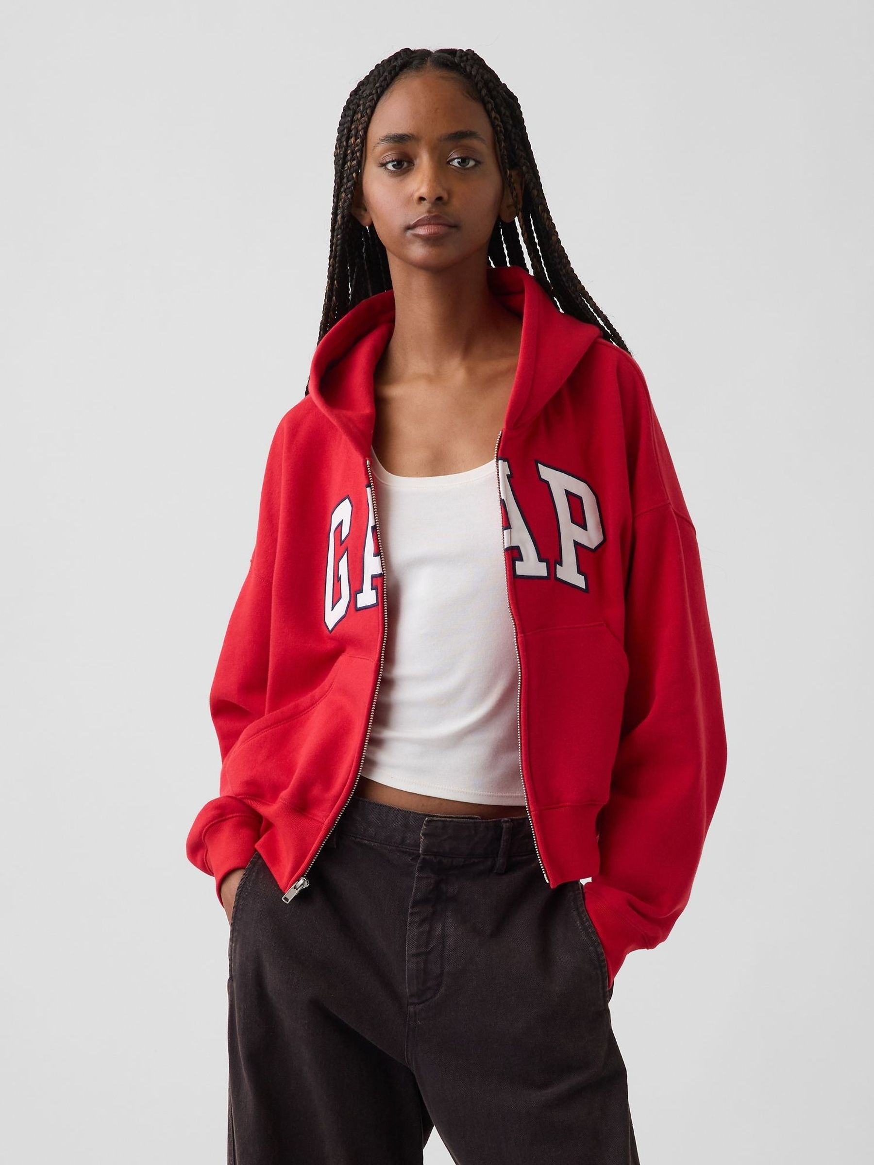 Red - Vintage Soft Oversized Logo Zip-up Hoodie
