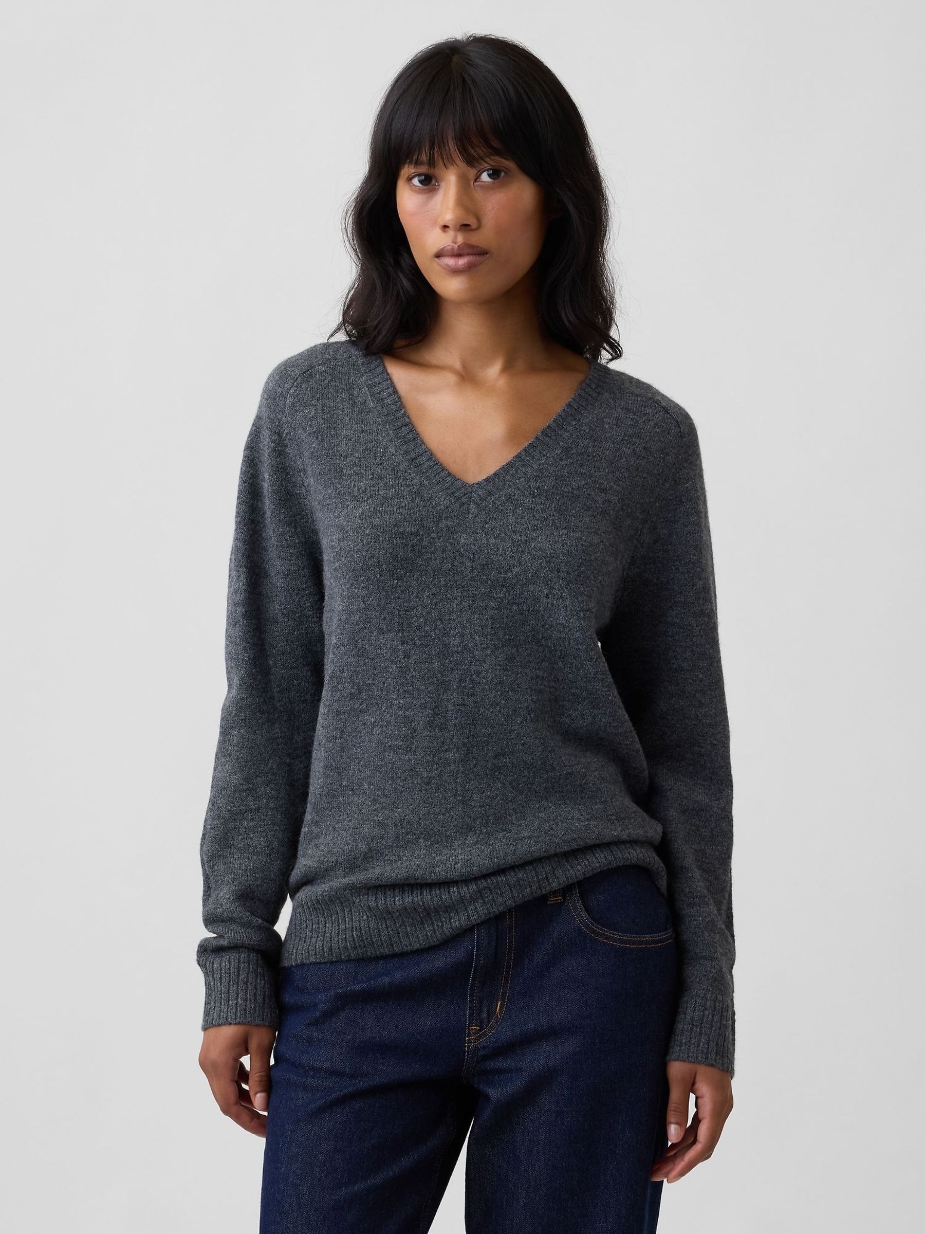 Dark Grey - Relaxed Lightweight V-neck Jumper