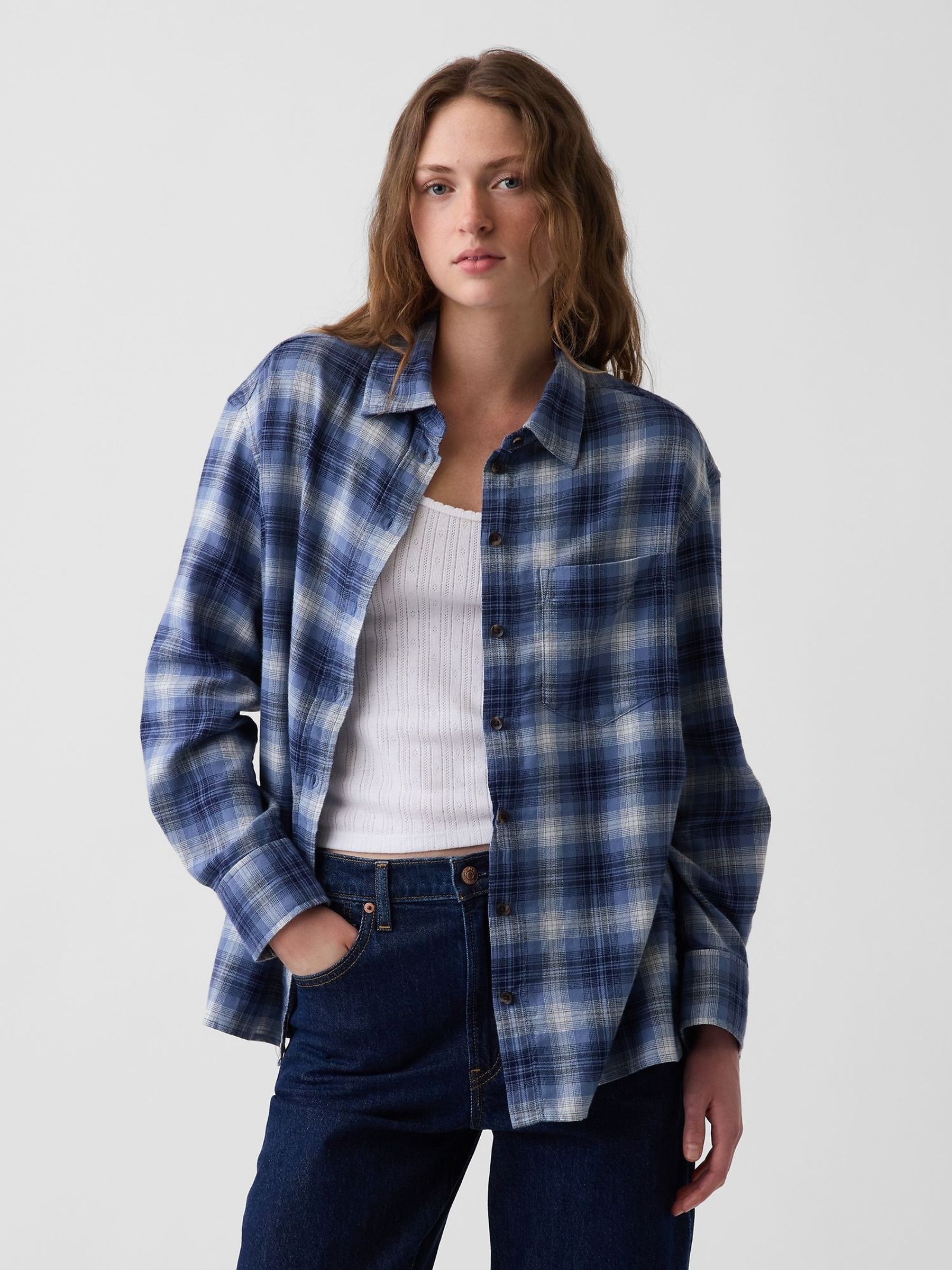 Blue Check - Oversized Straight-hem Flannel Shirt
