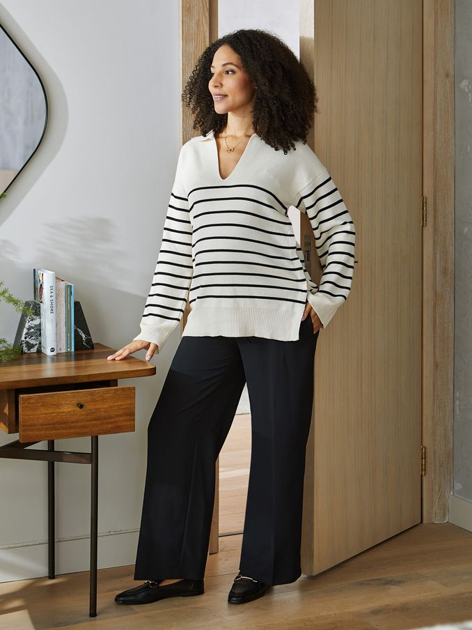 Cream & Black Stripe Collared Maternity & Nursing Jumper (349369) | £18