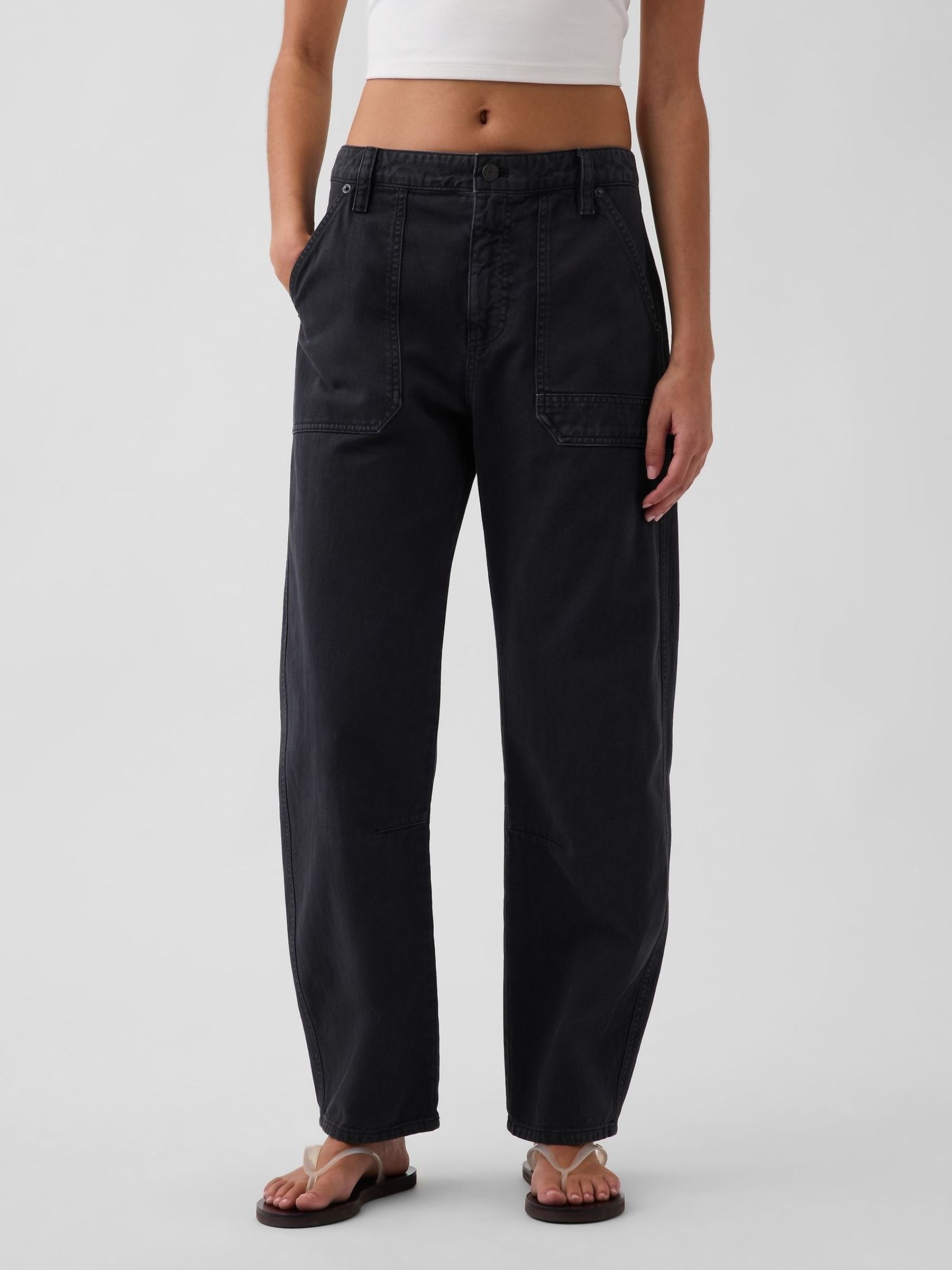 Black - Mid Rise Barrel Utility Ankle Trousers