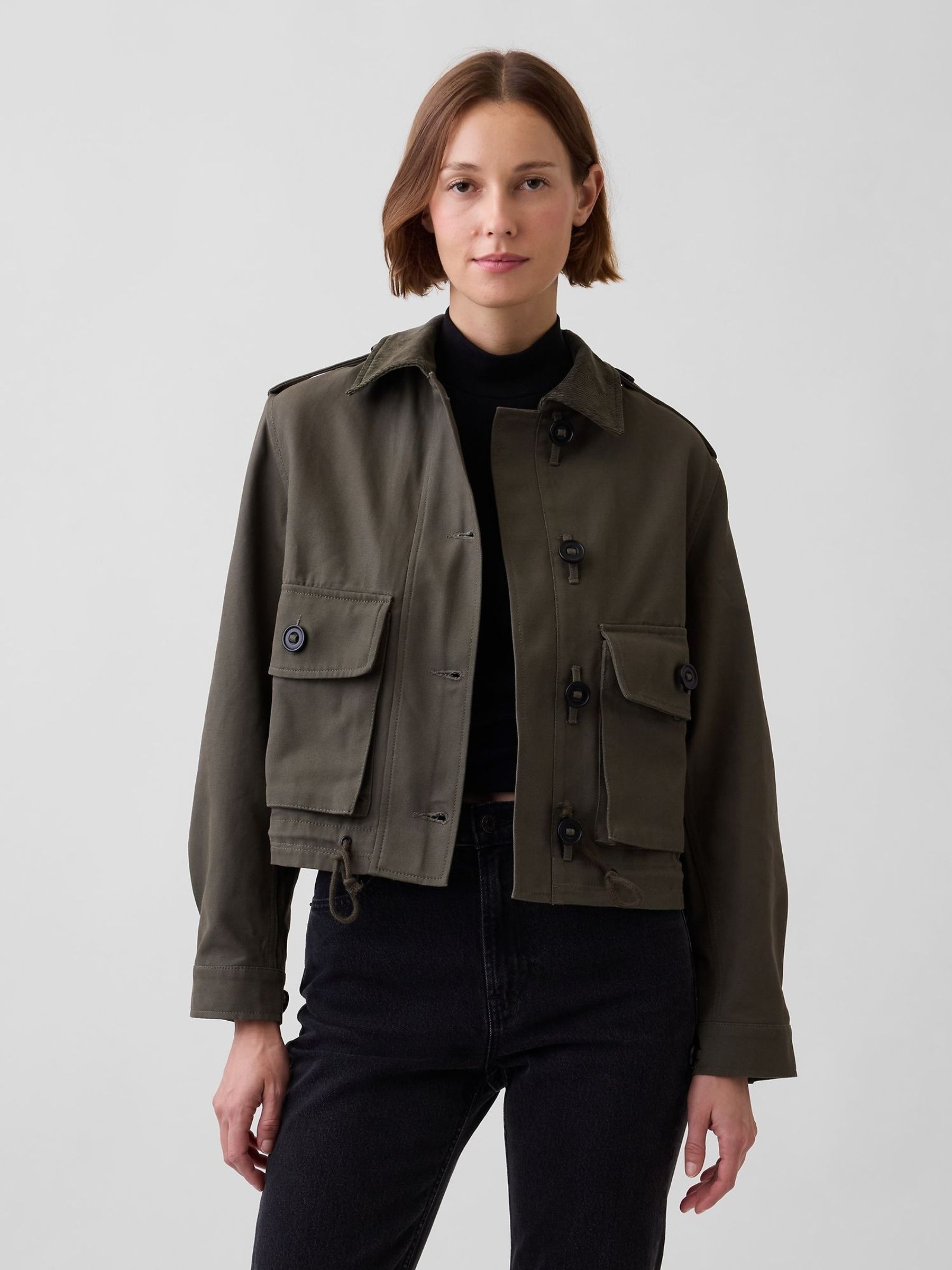 Green - Canvas Crop Utility Jacket