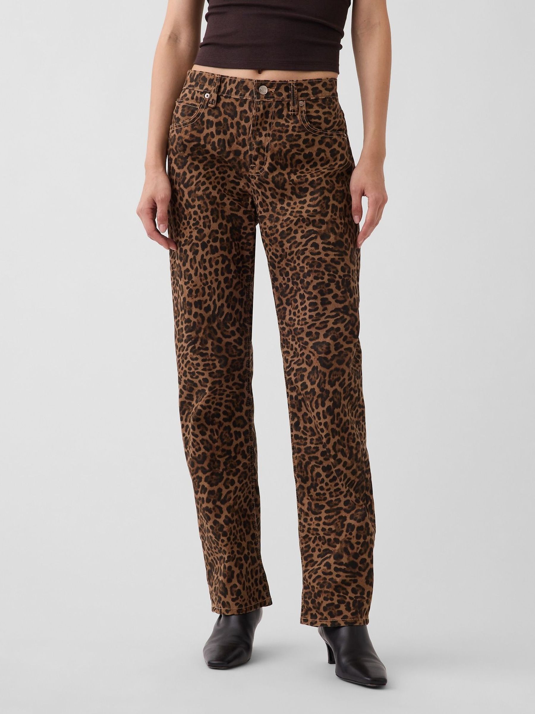 Brown Leopard - Mid Rise Straight Taper Jeans