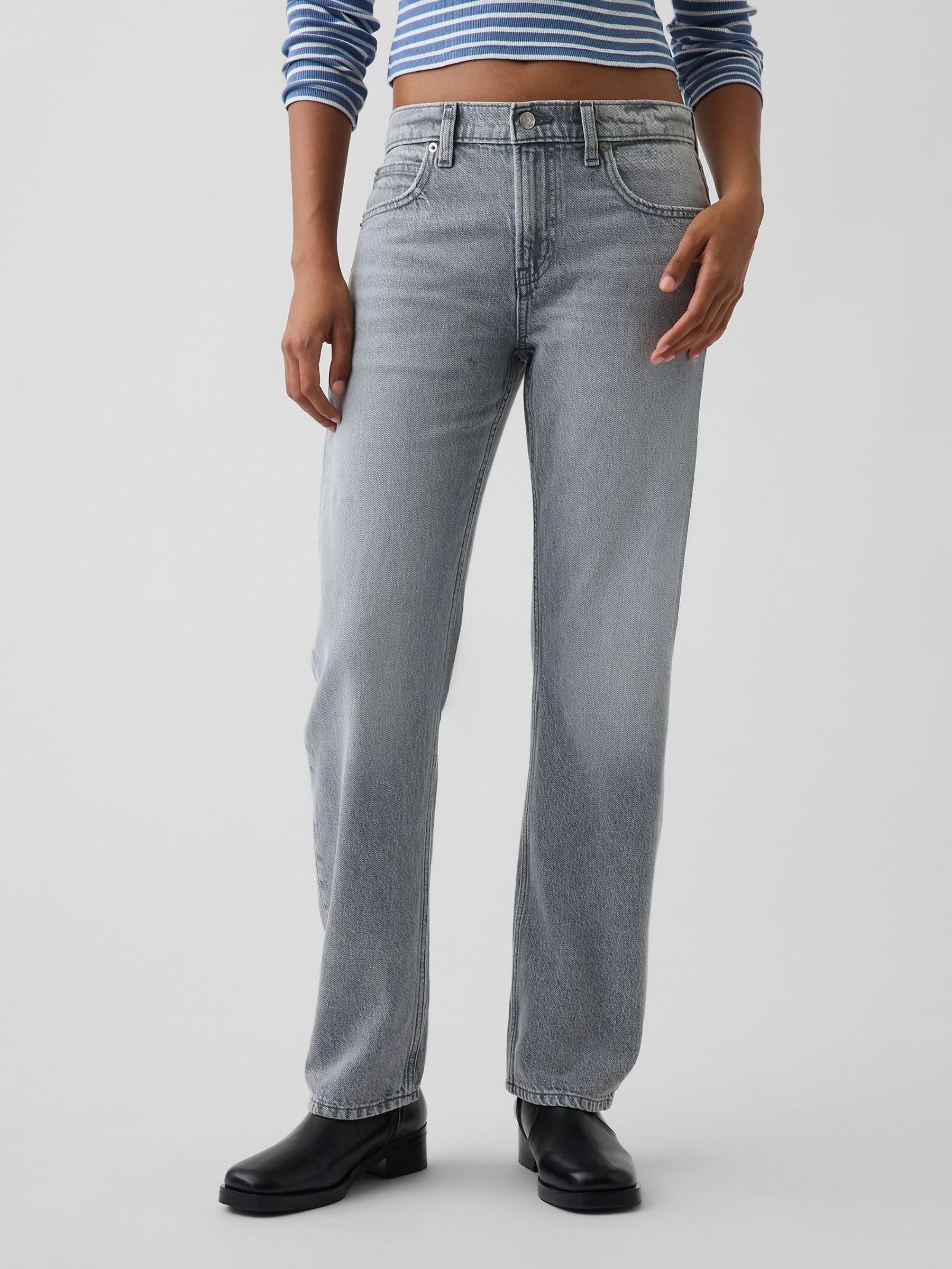 Grey - Mid Rise Straight Taper Jeans