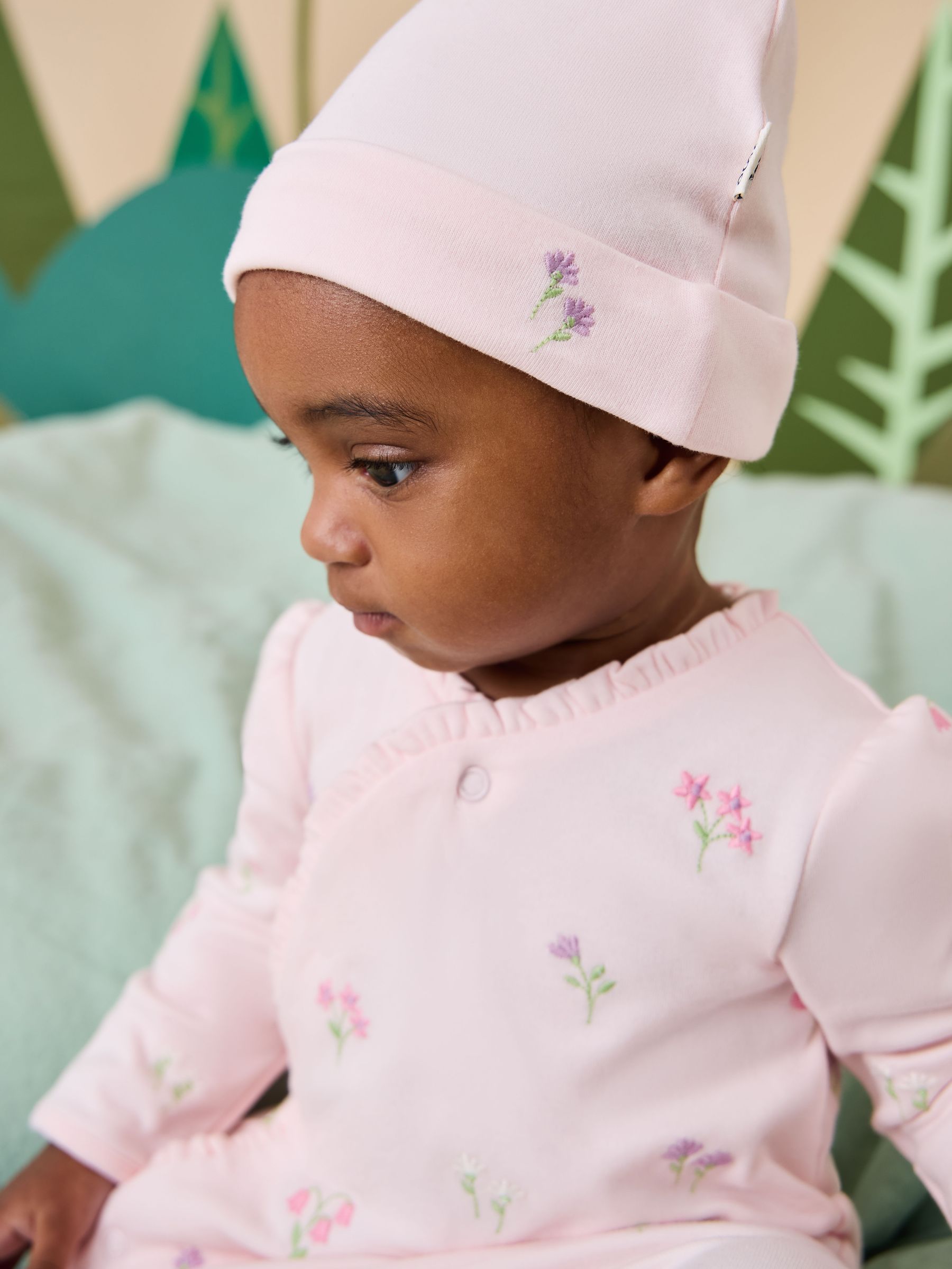 Pink - Floral Embroidered Wrapover Sleepsuit & Hat Set