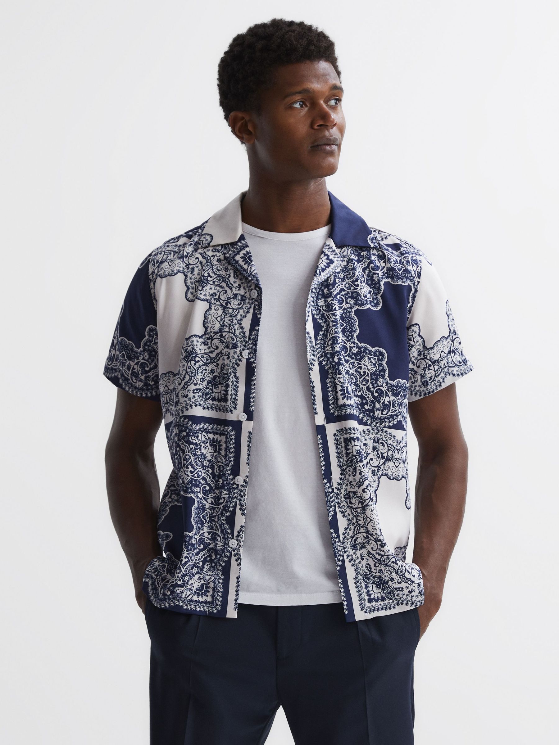 Printed Cuban Collar Button Through T-Shirt in Blue/White (425124) | £35