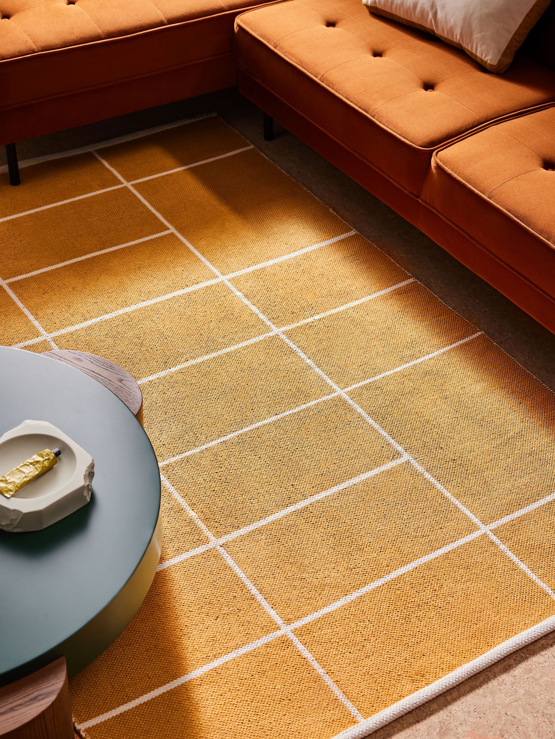 Elsmore Reversible Woven Cotton Rug in Ochre Yellow (436203) | £120 - £300