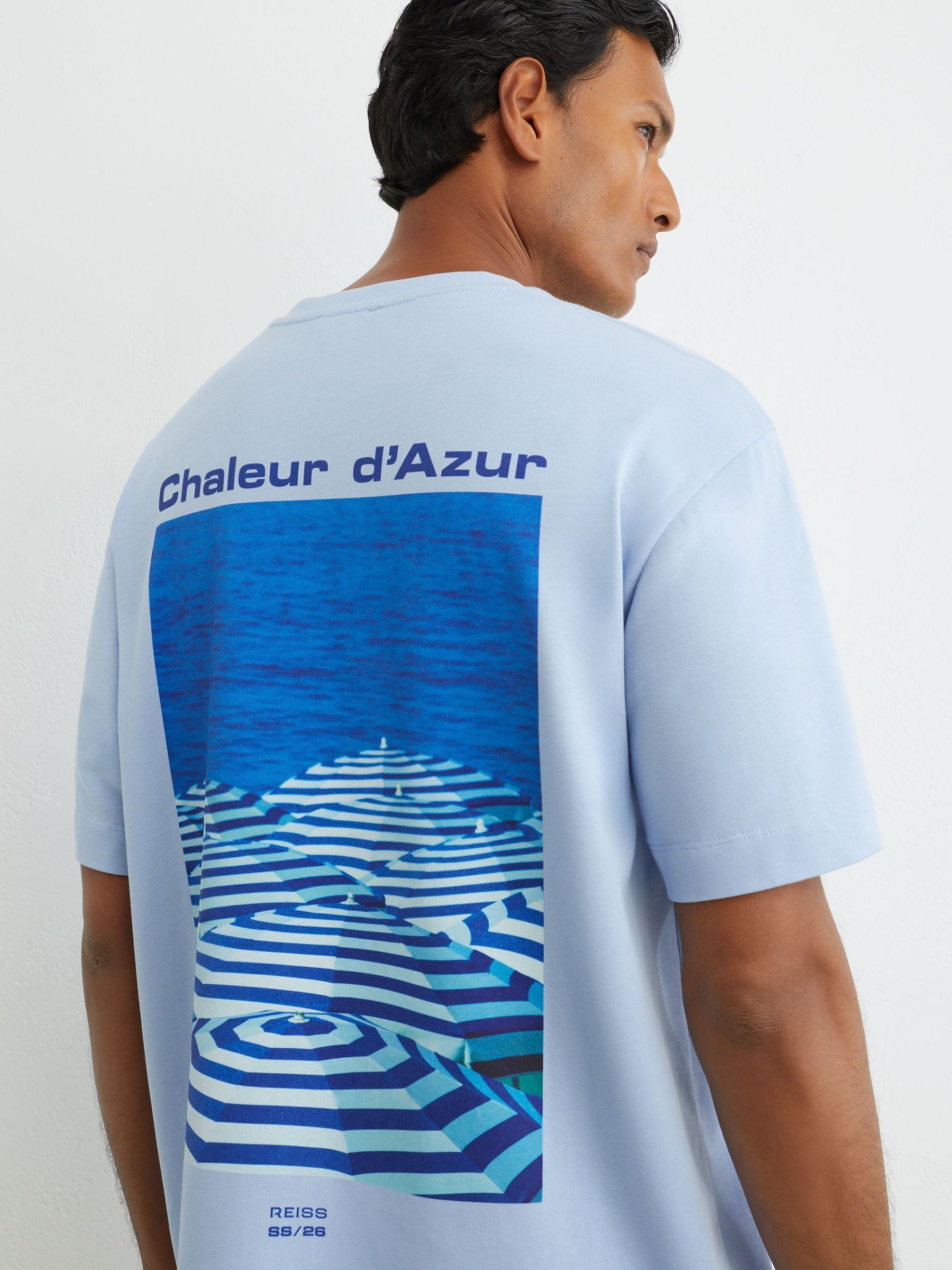 Soft Blue - Regular Cotton Beach-print Relaxed-fit T-shirt