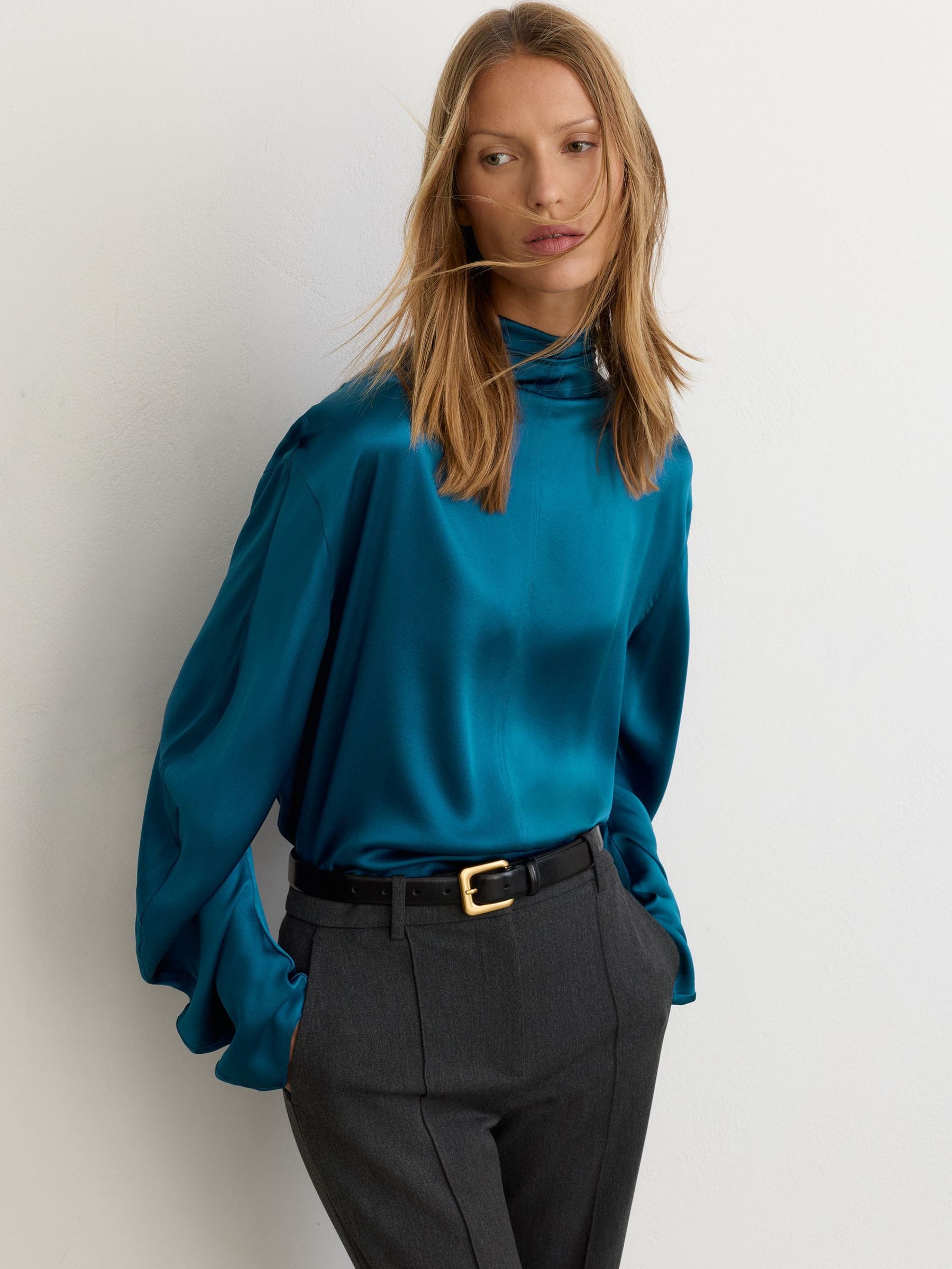 Cobalt Blue - Silk High-neck Blouse