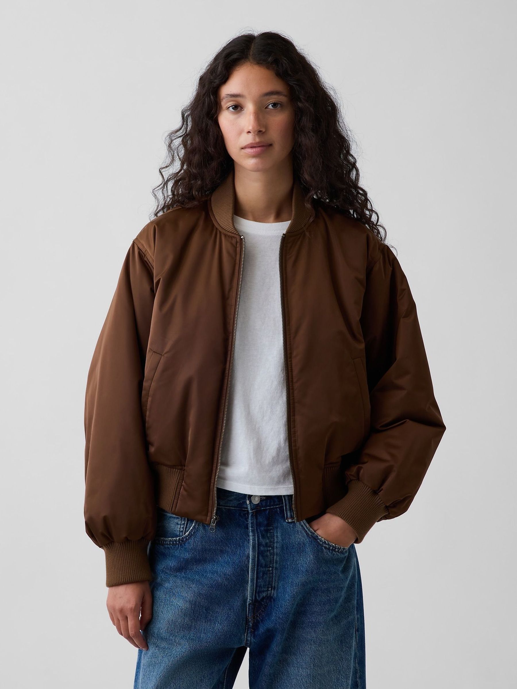 Brown - Padded Satin Bomber Jacket