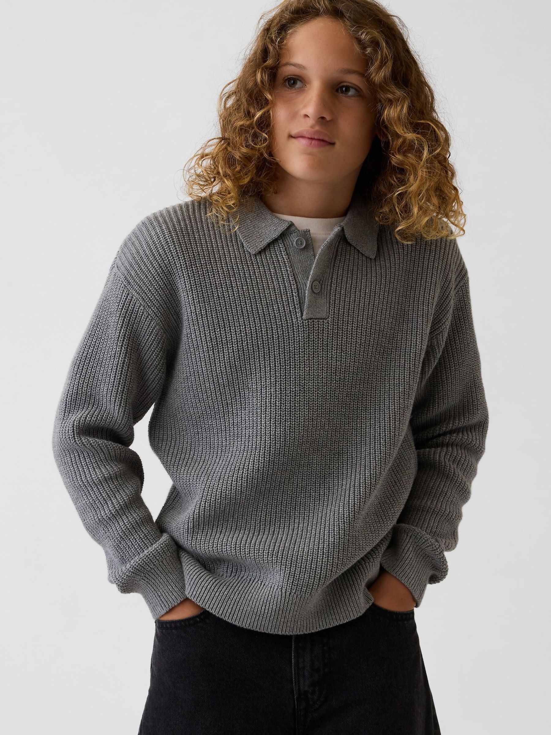 Grey - Relaxed Polo Jumper