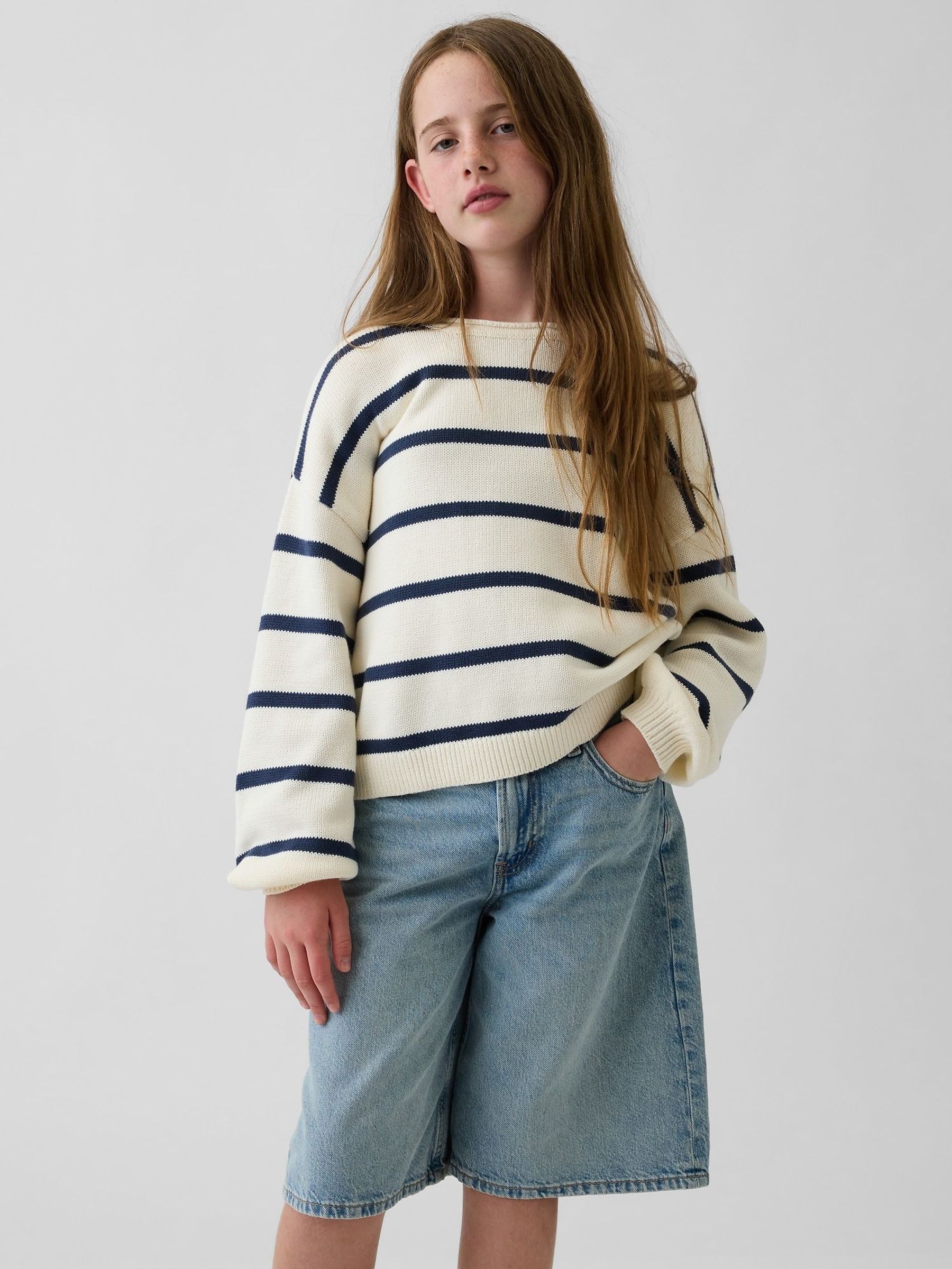 Cream/Navy Stripe - Oversized Rolled Neck Jumper