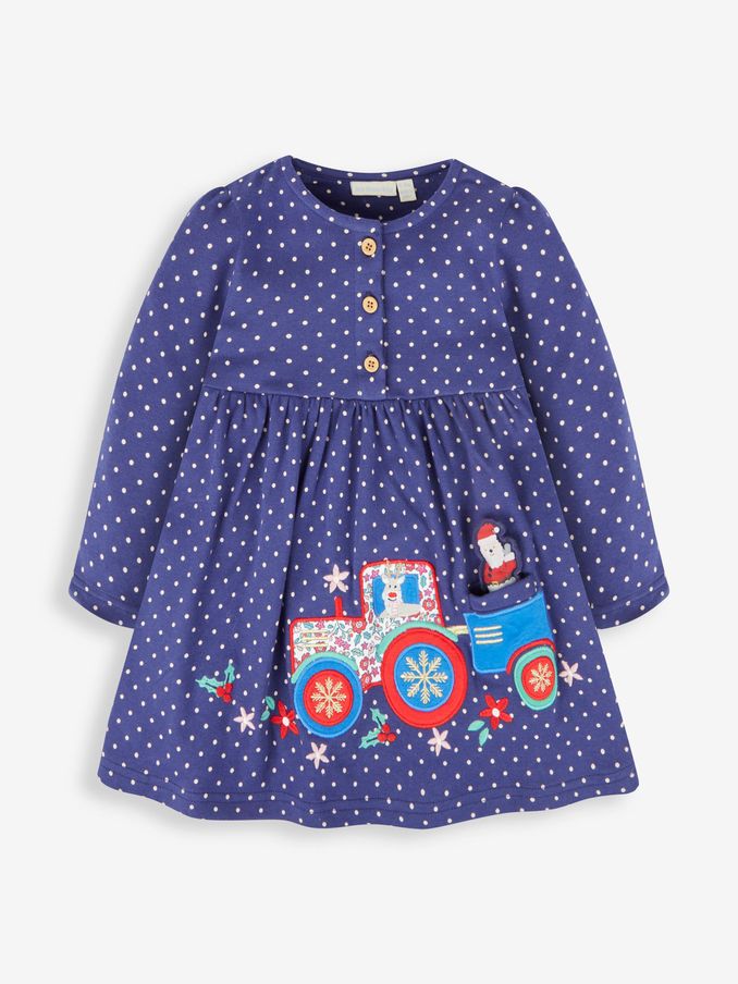 Navy - Santa In A Tractor Appliqué Button Front Dress