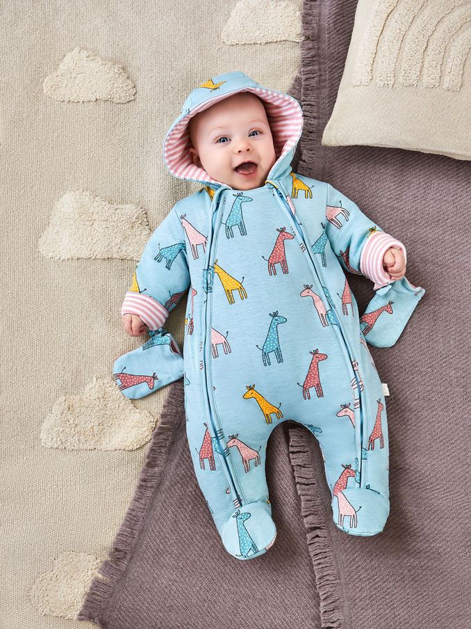 Duck Egg Blue - Giraffe Print Pramsuit