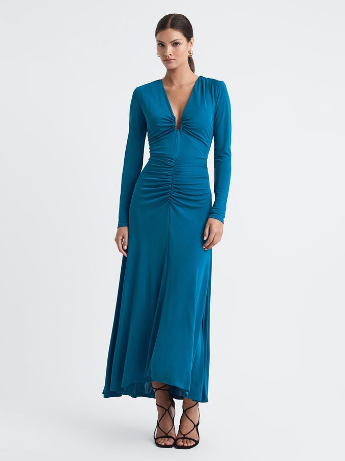 Plunge Neck Ruche Midi Dress in Teal (503910) | £74