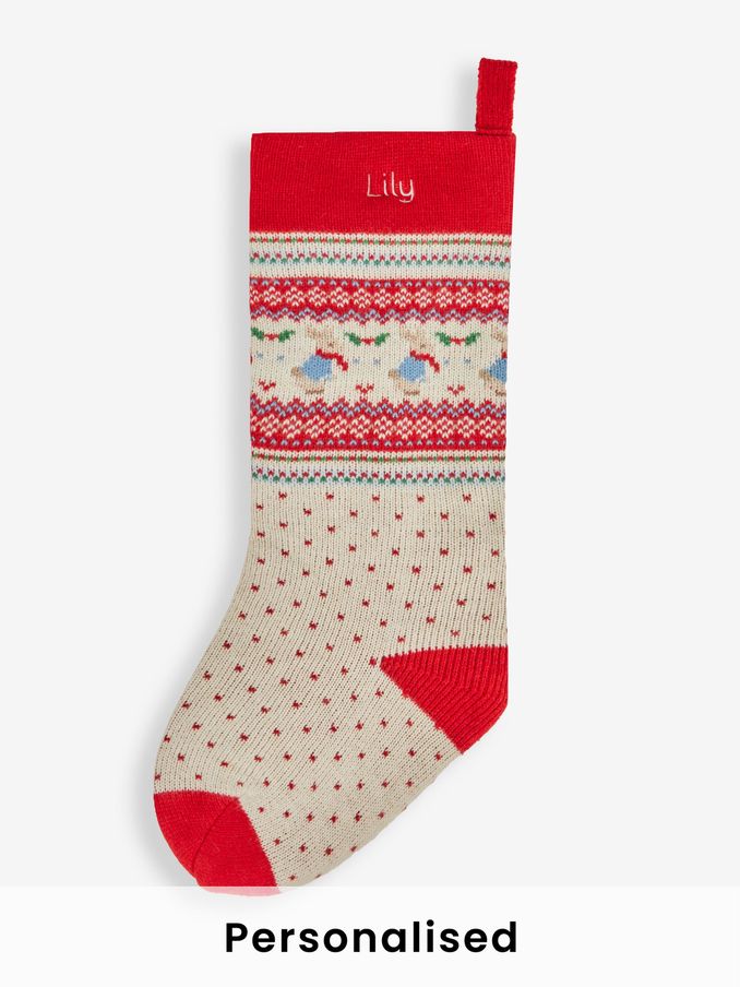 Red Personalised Peter Rabbit Fair Isle Knitted Stocking (512073) | £29