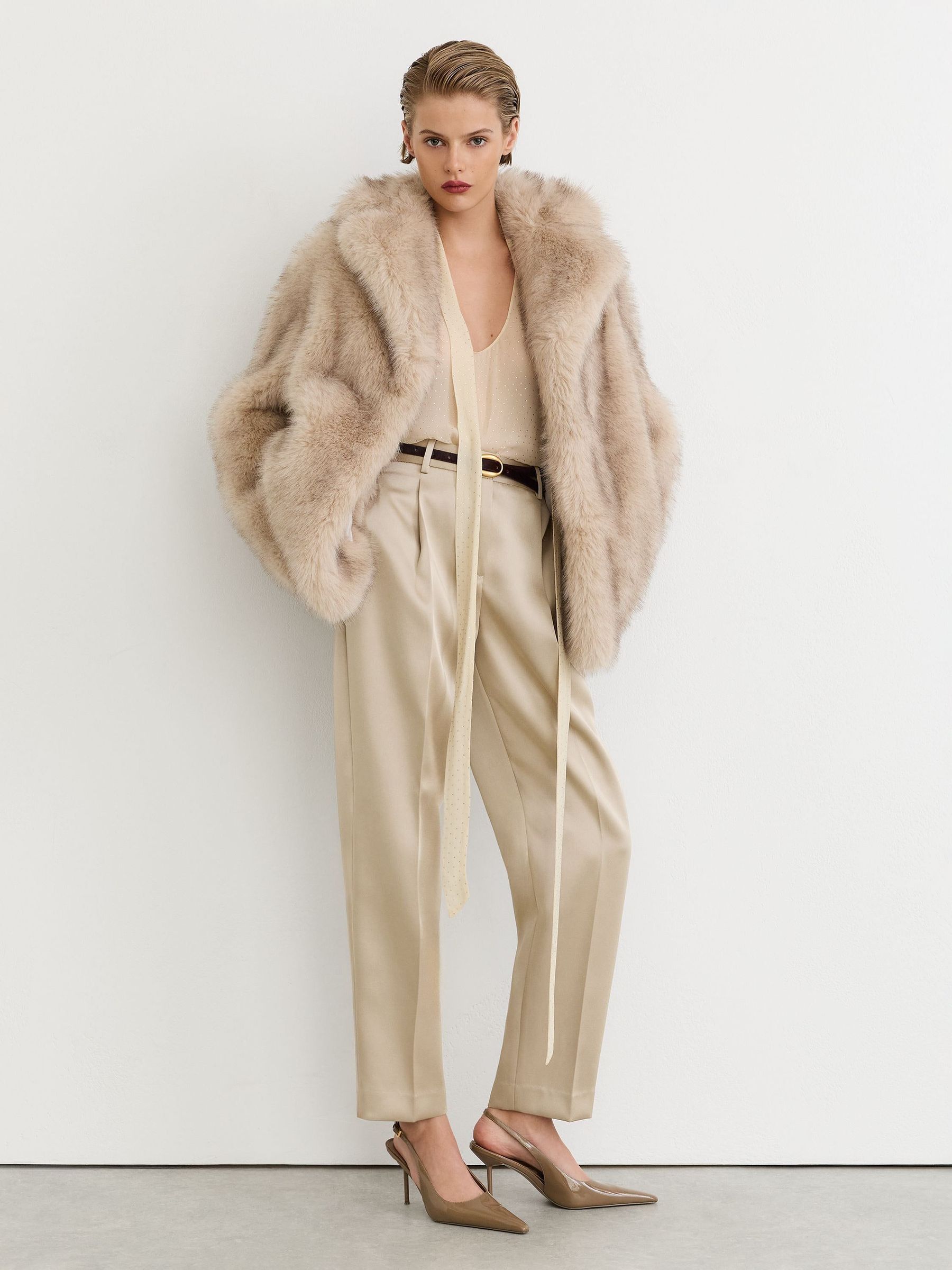 Champagne Neutral - Satin Single-pleat Tapered Trousers