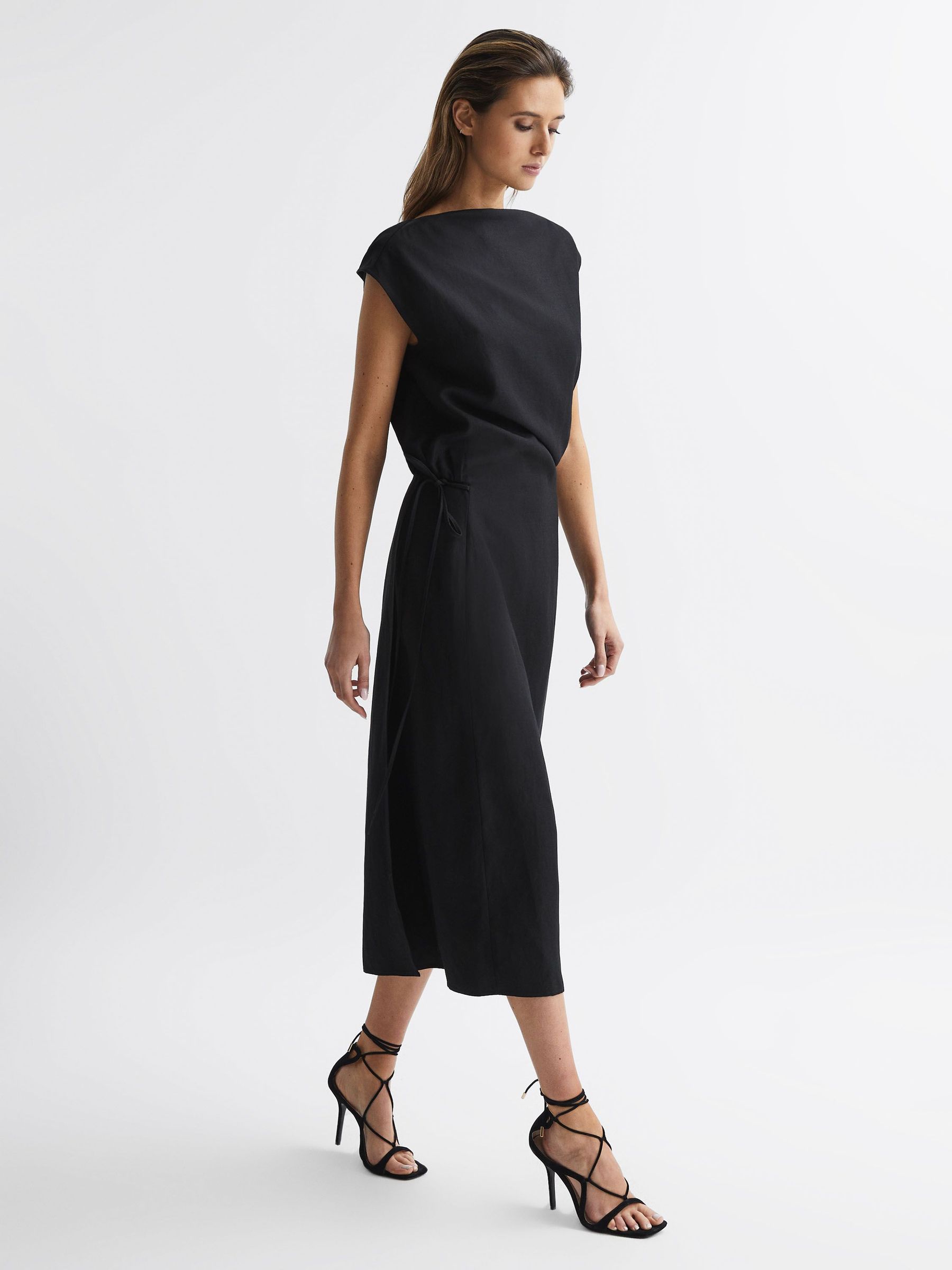 Premium Linen Blend Open-Back Midi Dress in Black (549404) | £89