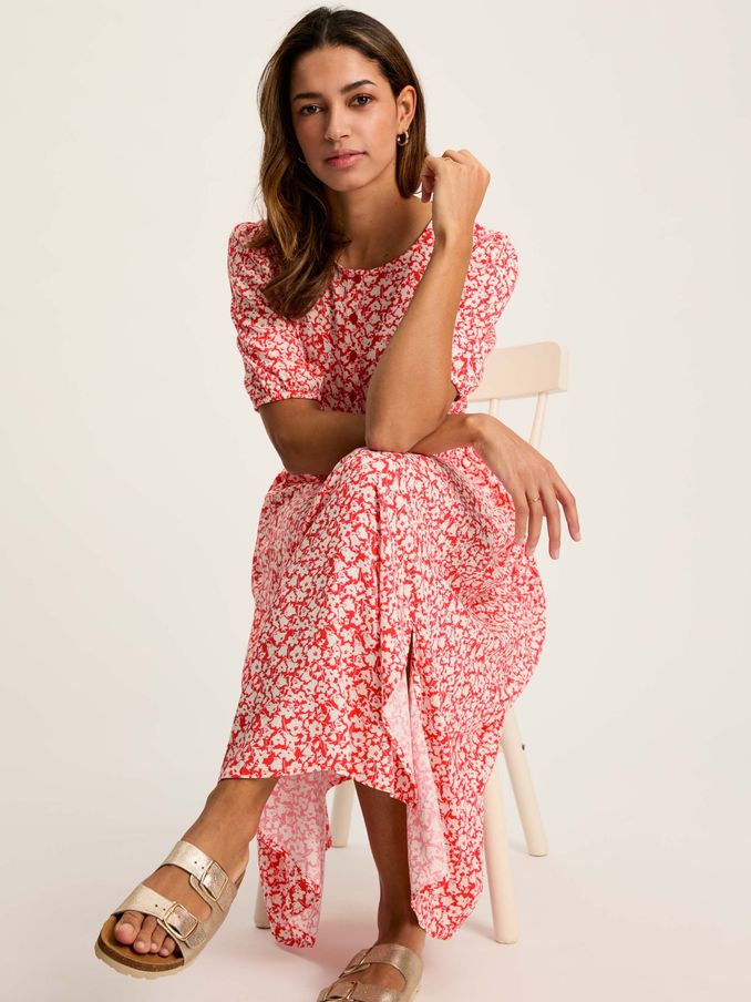 Adele Red Floral Button Down Midi Dress with Slit (550375) | £36