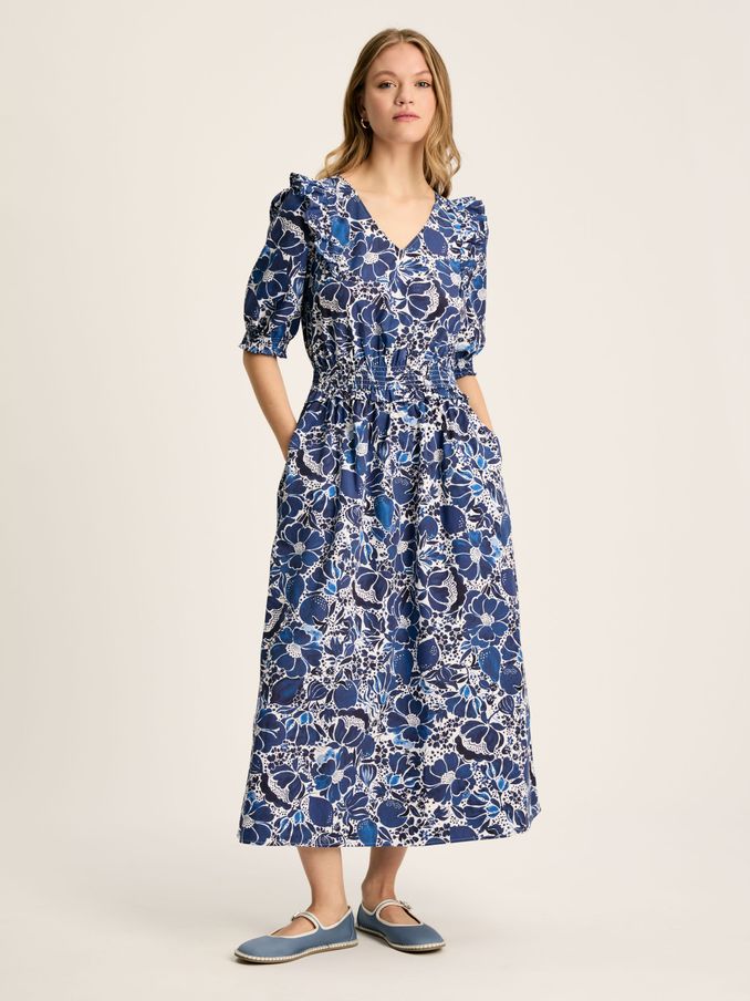 Rosalie Blue & White V-Neck Frill Dress (550756) | £39