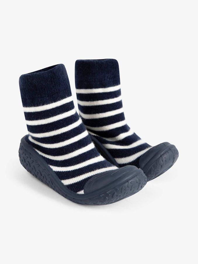 Navy Blue Ecru Cream Stripe Boys' Stripe Indoor Outdoor Slipper Socks (555050) | £14.50