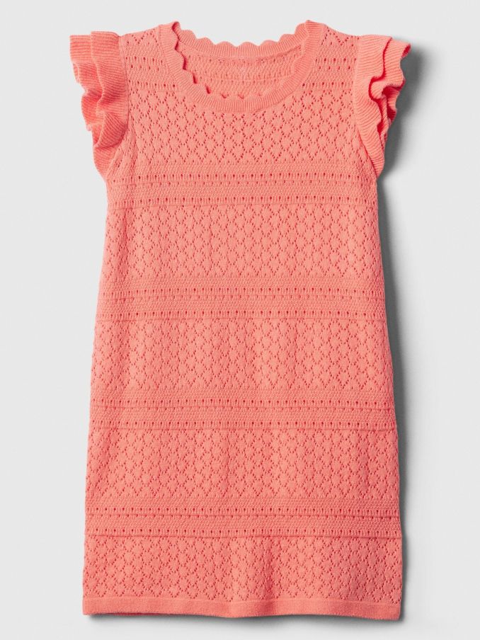 Coral Pink Crochet Knitted Flutter Sleeve Dress (3mths-5yrs) (569329) | £10