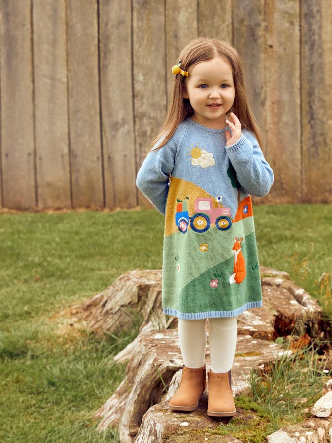 Blue - Girls' Farm Scene Knitted Dress
