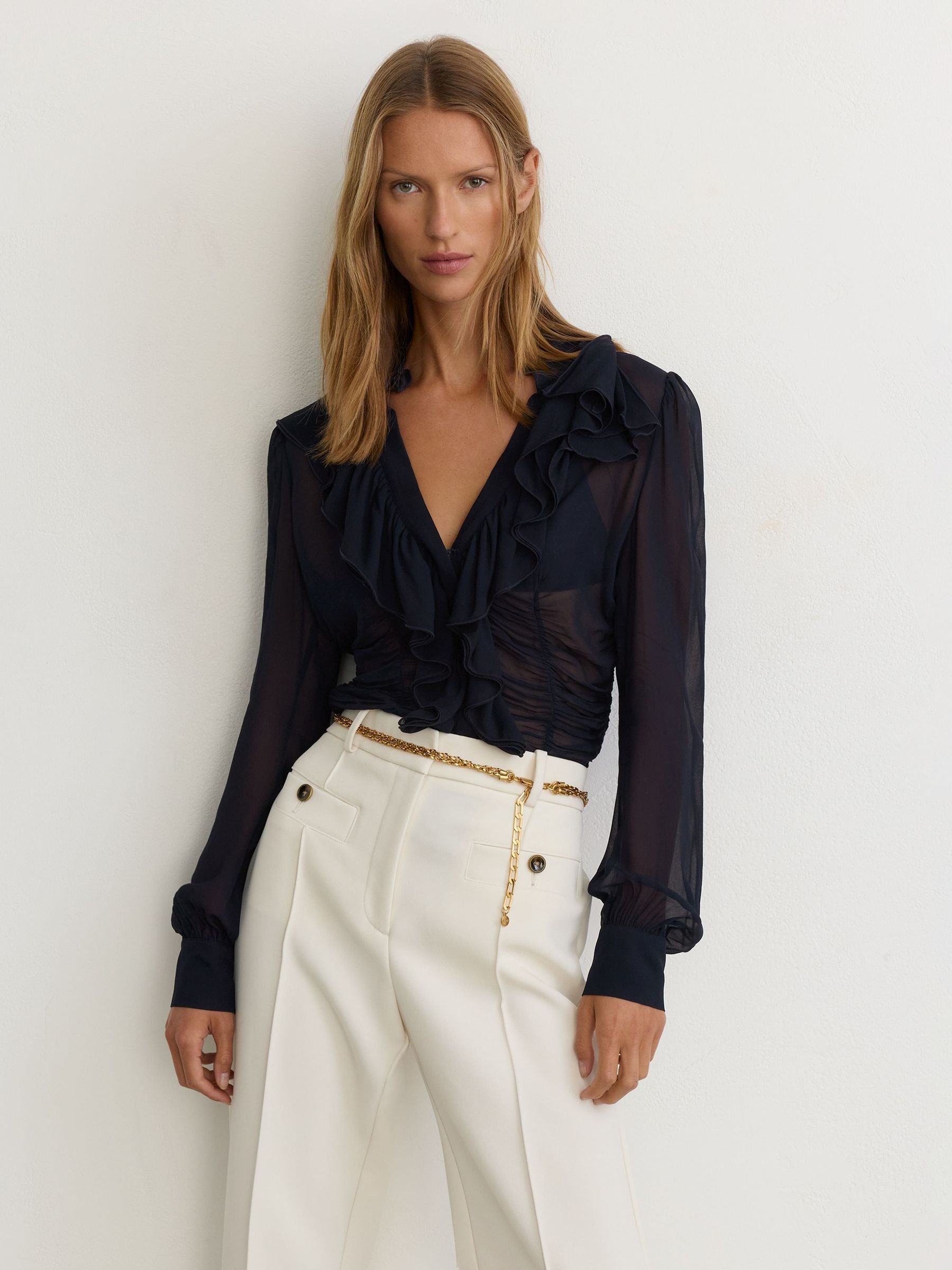 Navy - Sheer Ruched Ruffle V-neck Blouse