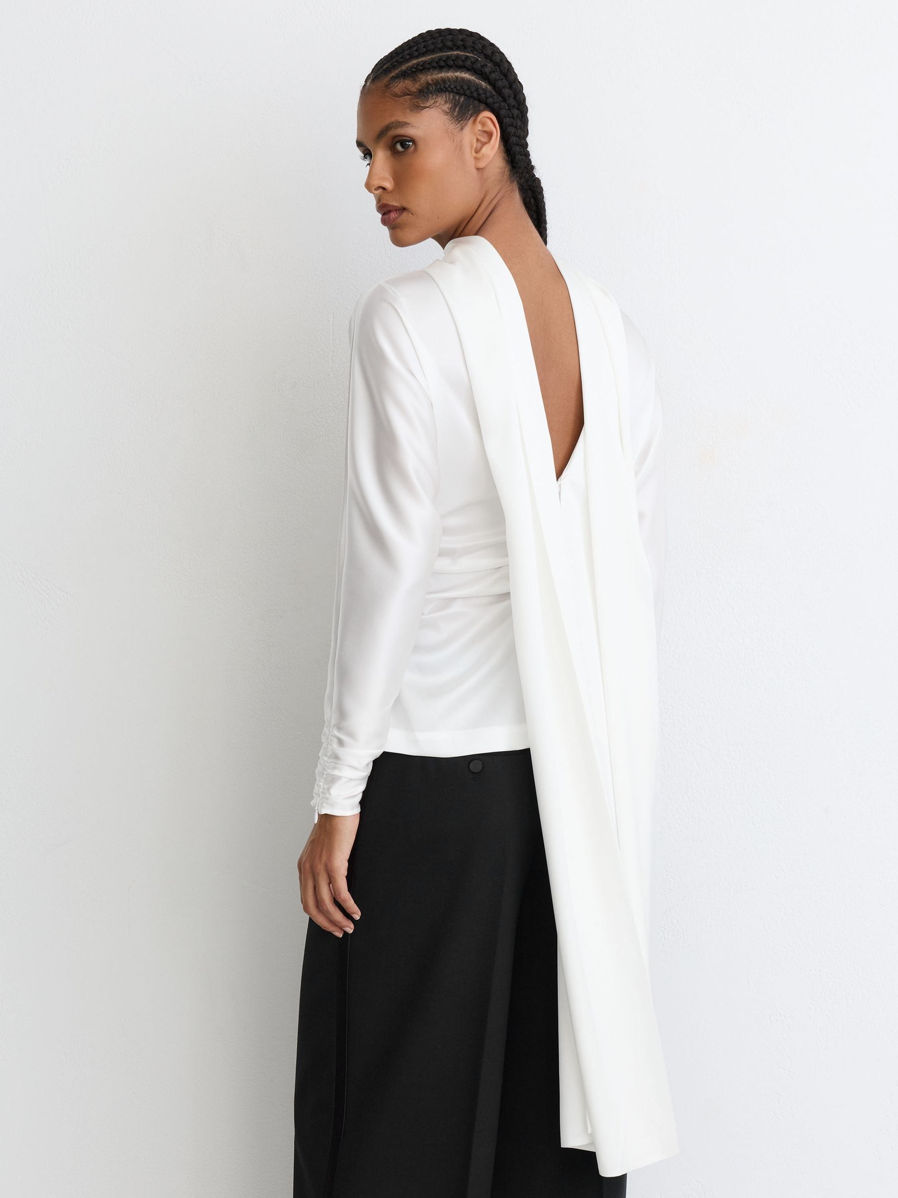 Ivory - Satin Ruched Cape-detail Blouse