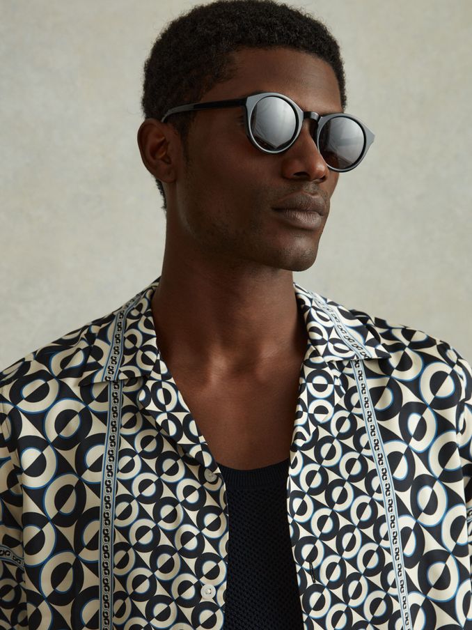 Geometric Print Cuban Collar Shirt in Lapis Blue (586388) | £40