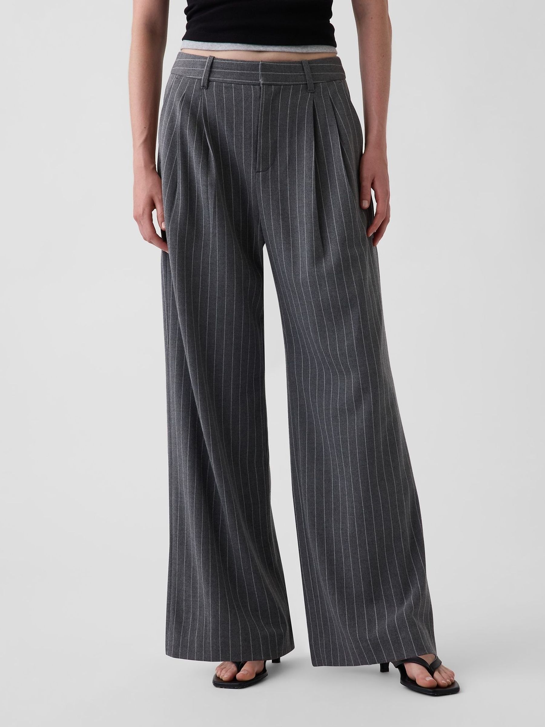 Grey Stripe - 365 High Waisted Brushed Twill Pleated Trousers