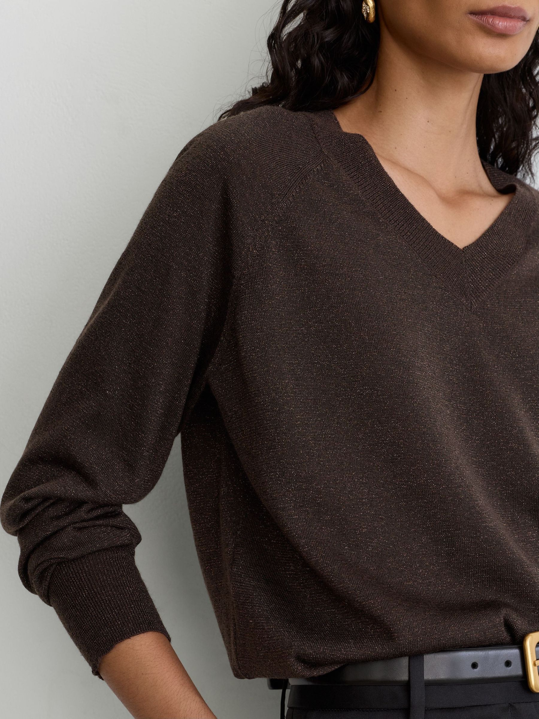 Chocolate Brown - Wool-blend Metallic-knit V-neck Jumper