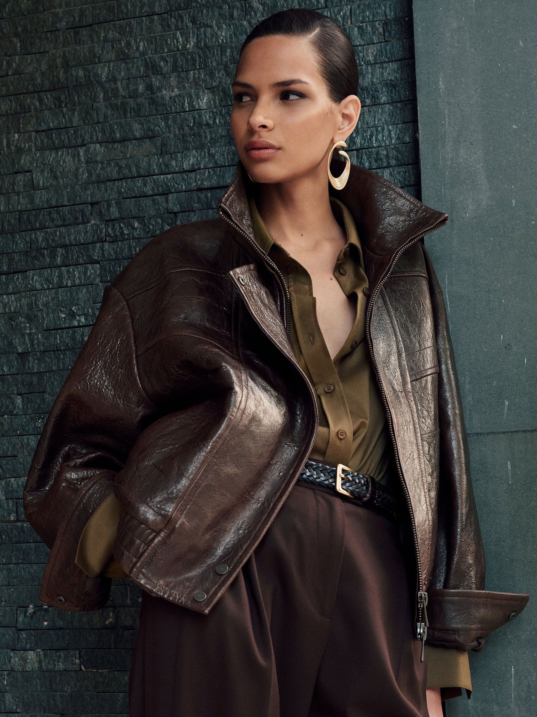 Aubergine - Textured Leather Oversized Jacket