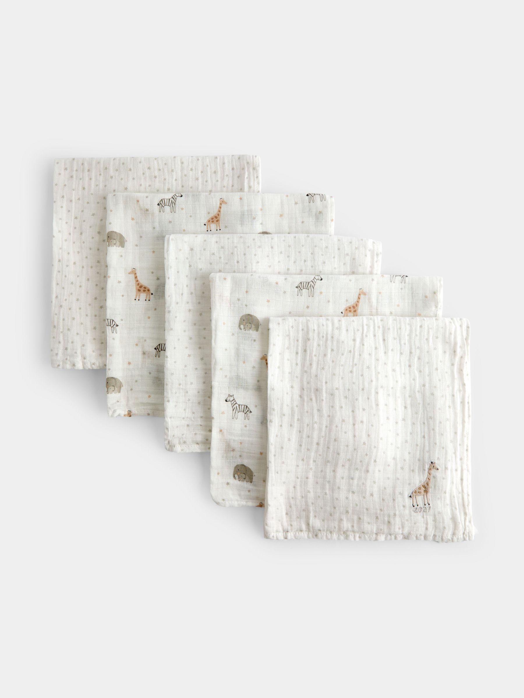 Cream Safari Born in 2027 - 5-pack Embroidered Muslins