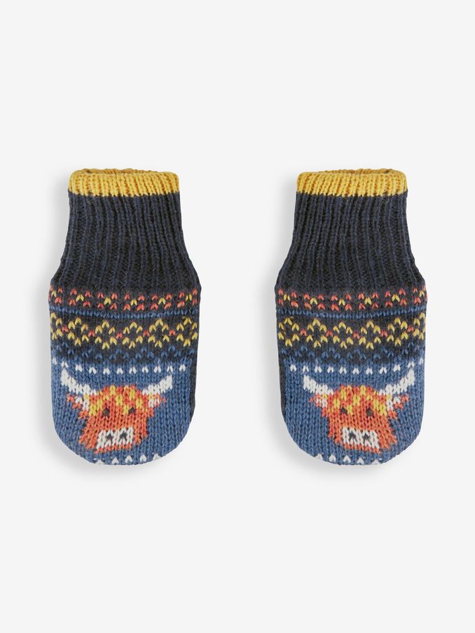 Navy Blue - Highland Cow Fair Isle Pattern Mittens