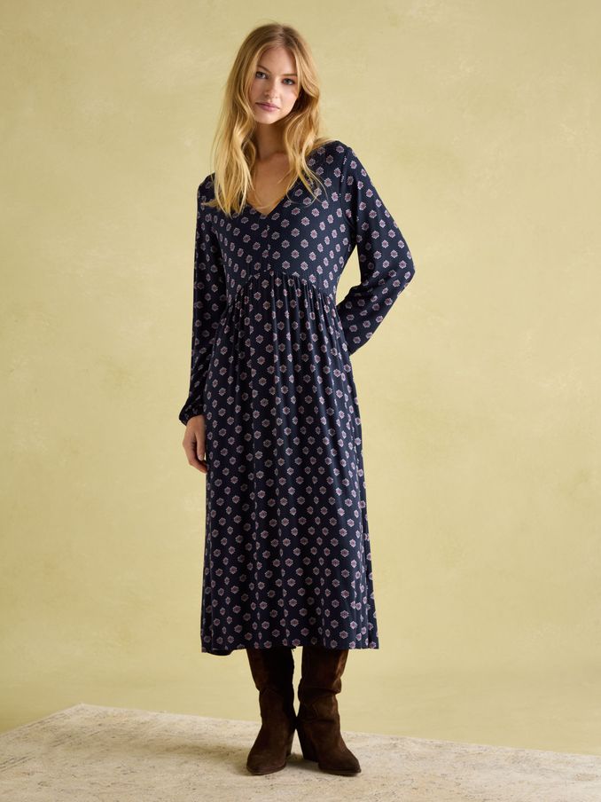 Nia Navy Blue Floral V-Neck Long Sleeve Midaxi Dress (604795) | £31