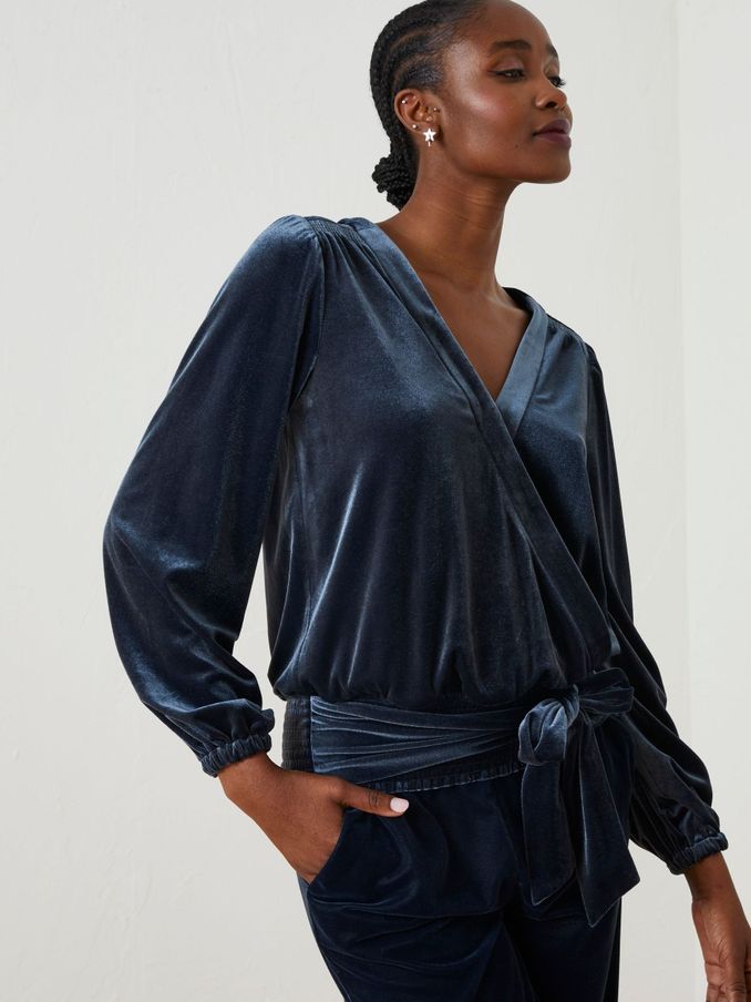 Blue Reese Velvet Wrap Top (608321) | £35