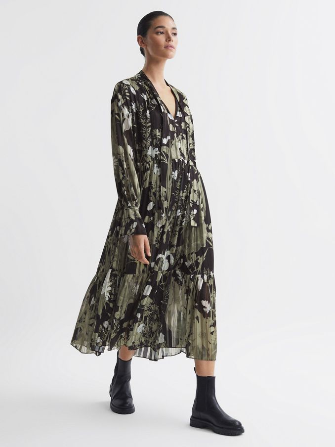 Floral Print Tie Neck Midi Dress in Green (610788) | £45
