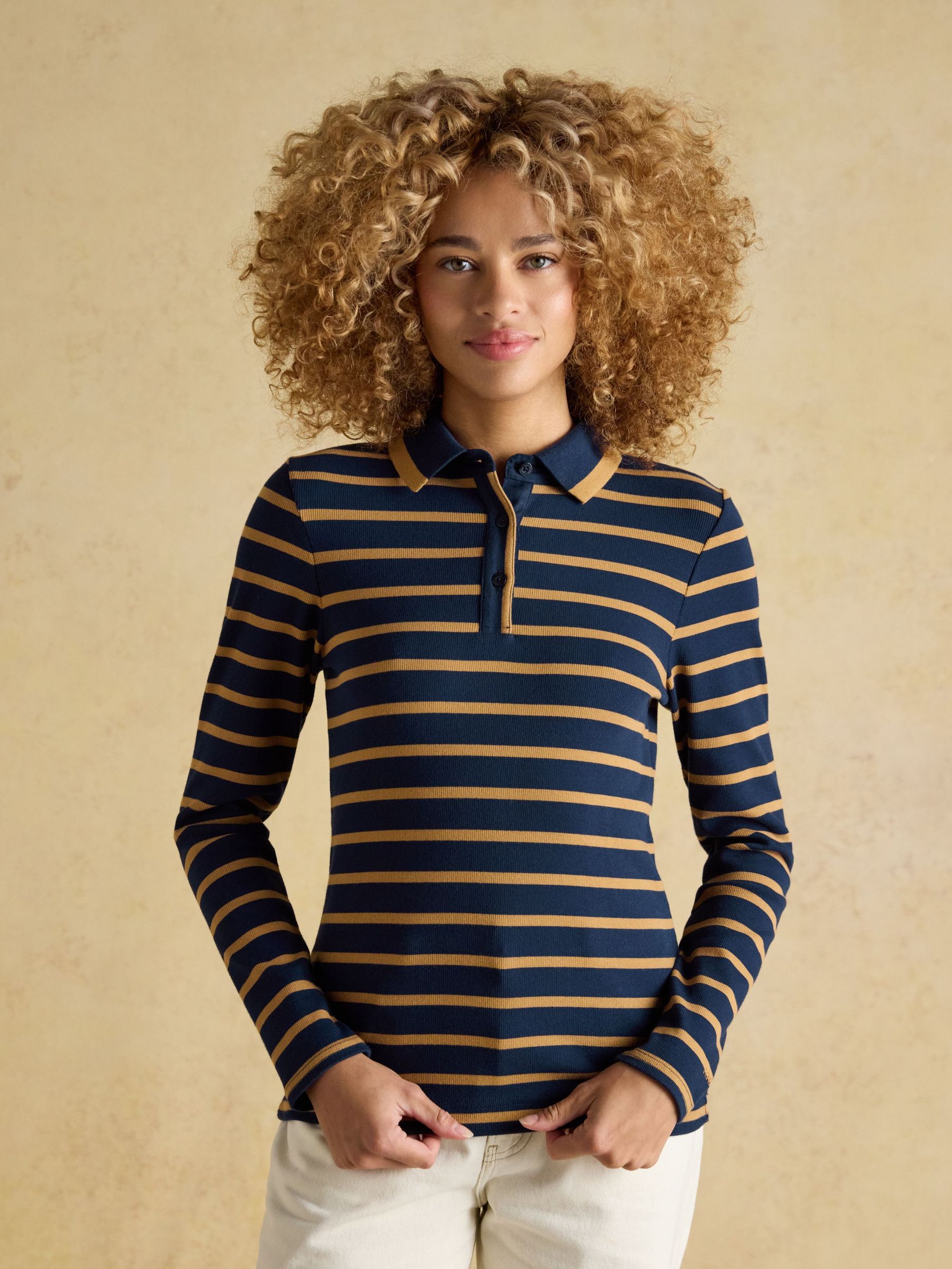 Fairfield Navy Blue & Brown Stripe Ribbed Long Sleeve Polo Shirt