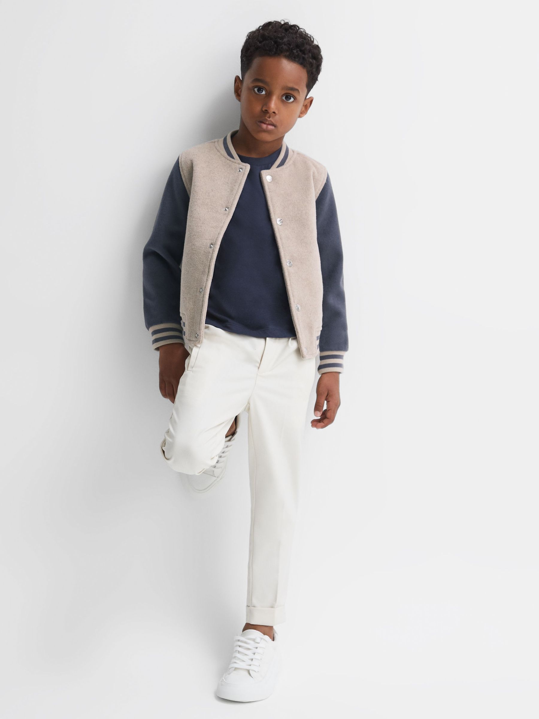 9-14 yrs Wool Blend Varsity Bomber Jacket in Stone/Airforce Blue (618742) | £26
