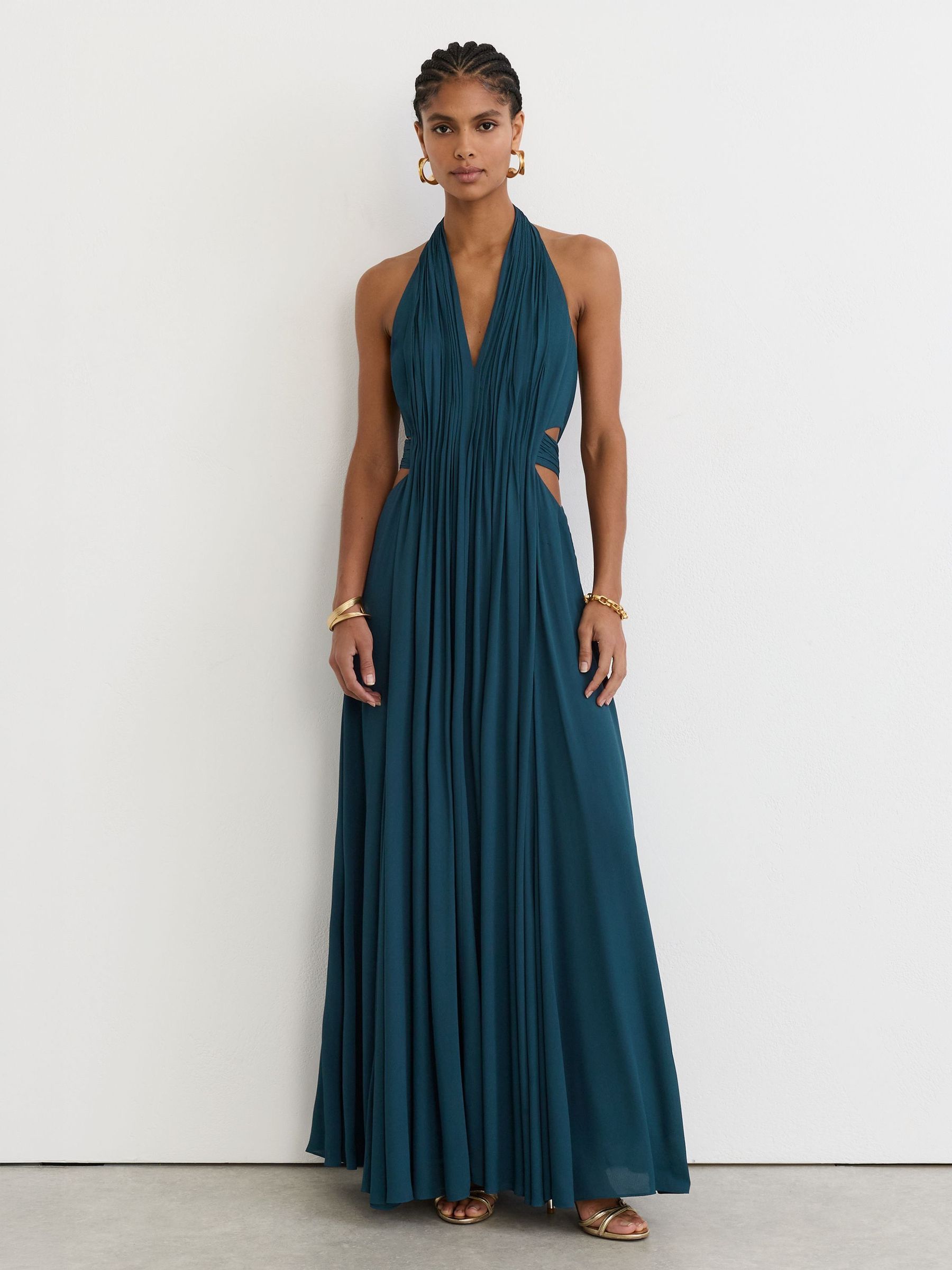 Teal Green - Halterneck Pleated Maxi Dress