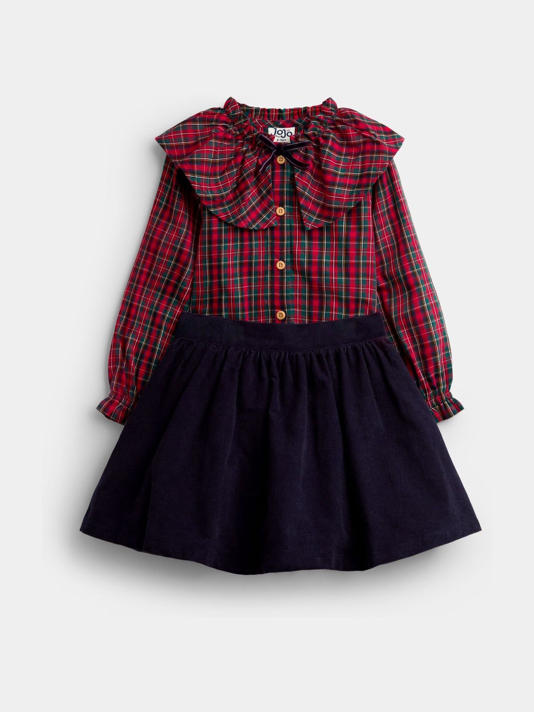 Red Tartan - Check Collared Blouse & Cord Skirt Set