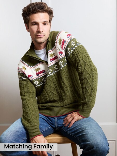 Dark Green - Regular Men's Long Sleeve Christmas Car Fairisle Jumper